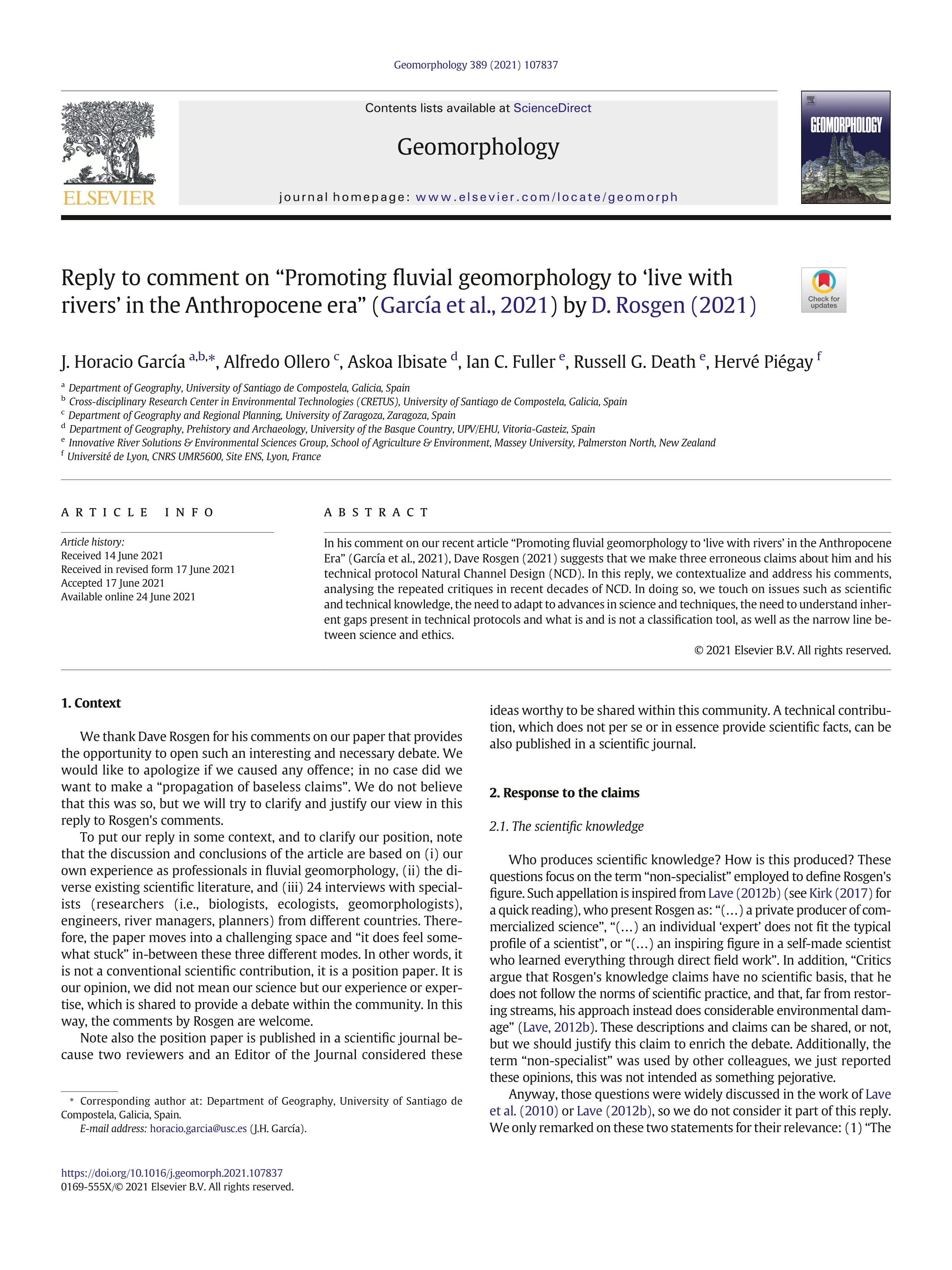 Reply to comment on Promoting fluvial geomorphology to ''live with rivers'' in the Anthropocene era (Garcia et al., 2021) by D. Rosgen (2021)
