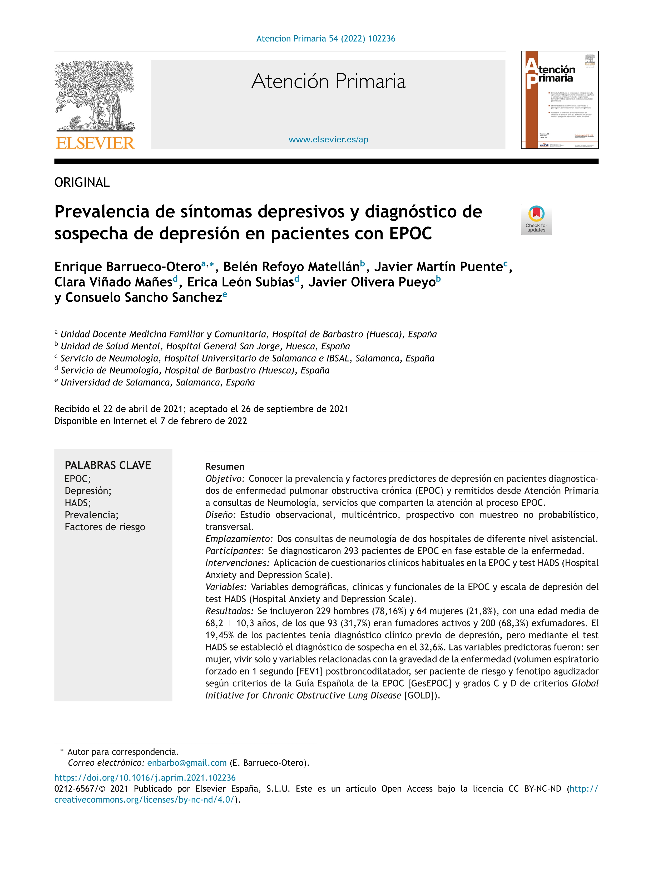 Prevalencia de síntomas depresivos y diagnóstico de sospecha de depresión en pacientes con EPOC