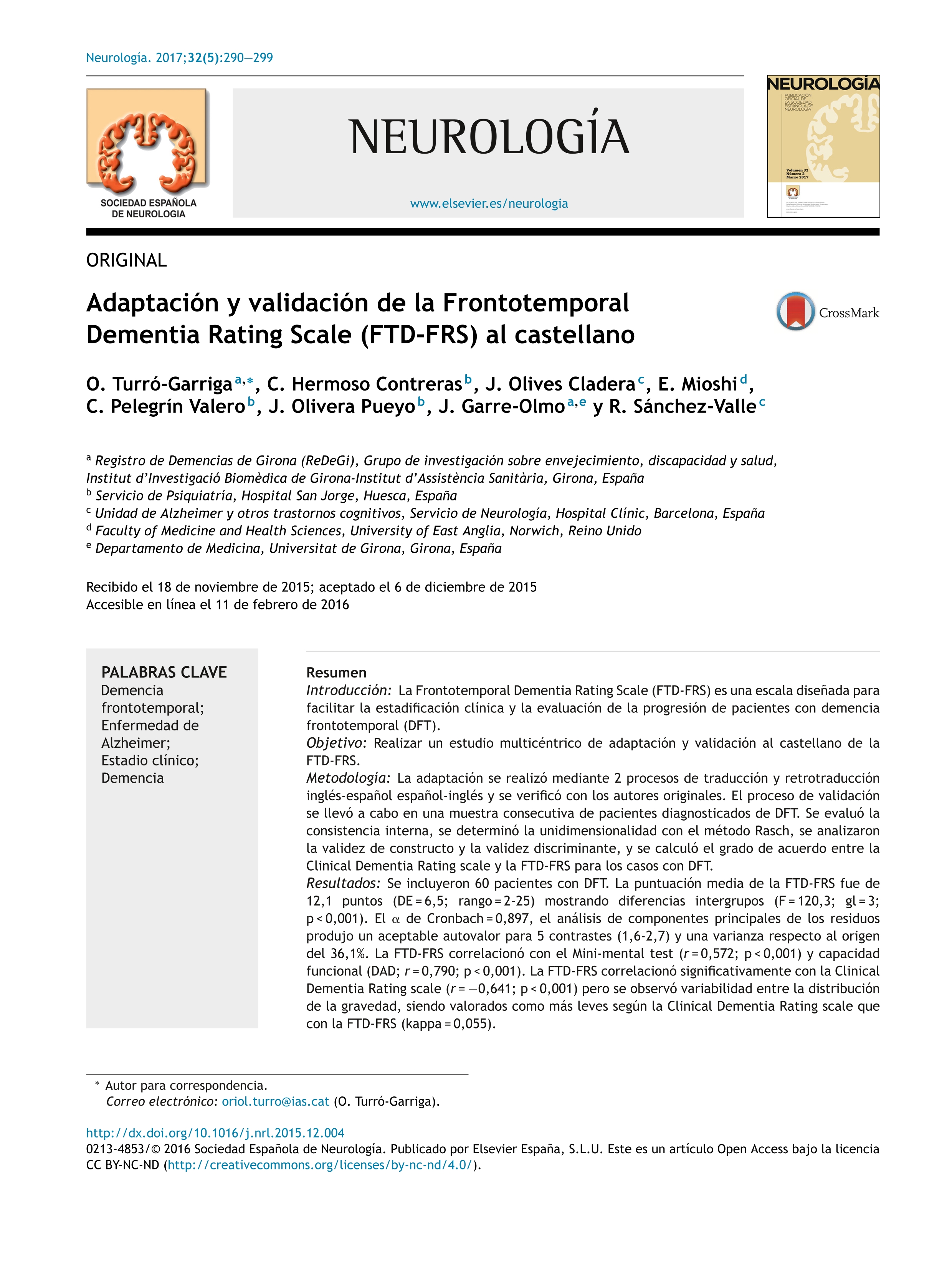 Adaptación y validación de la Frontotemporal Dementia Rating Scale (FTD-FRS) al castellano