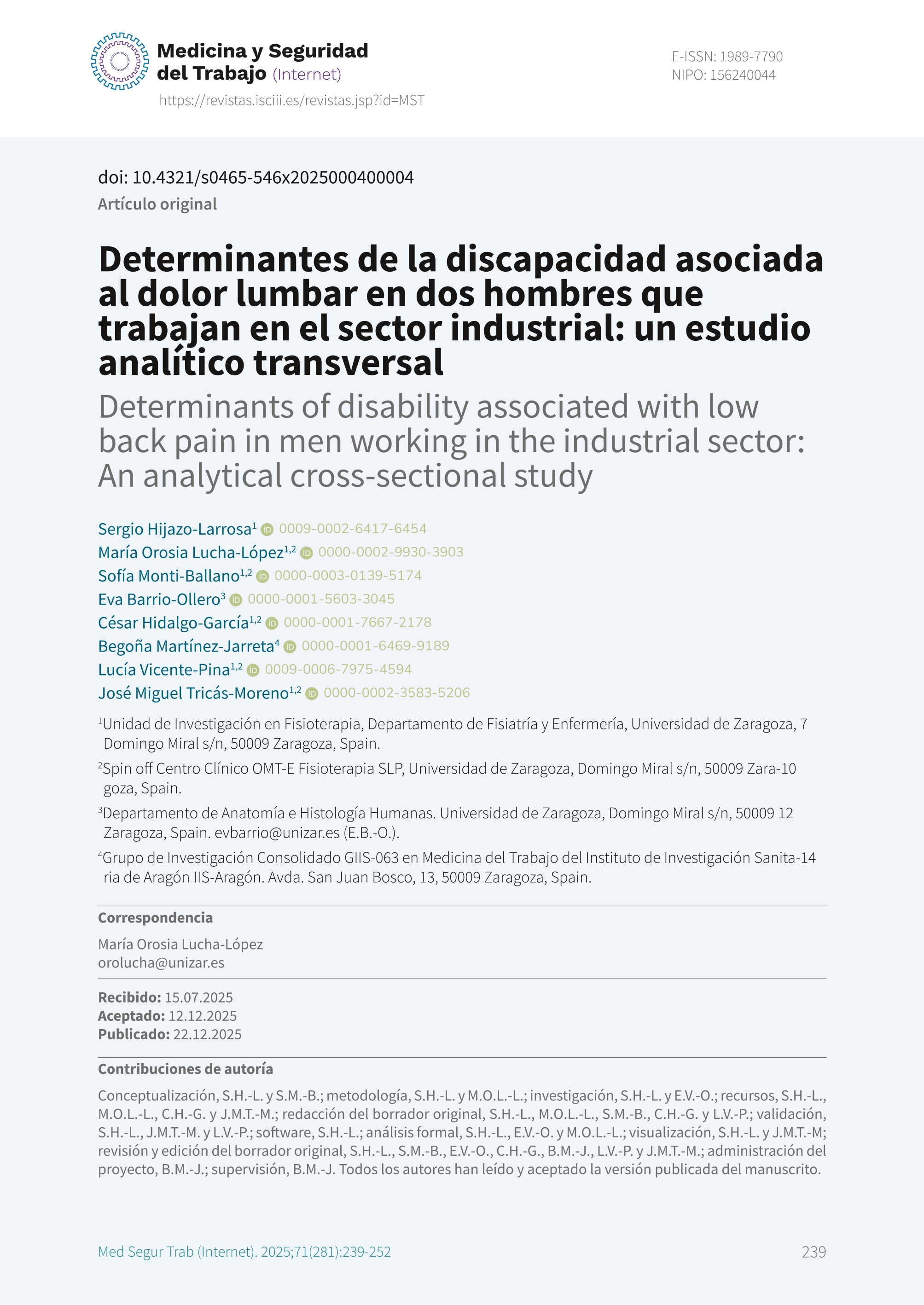 Determinantes de la discapacidad asociada al dolor lumbar en dos hombres que trabajan en el sector industrial: un estudio analítico transversal