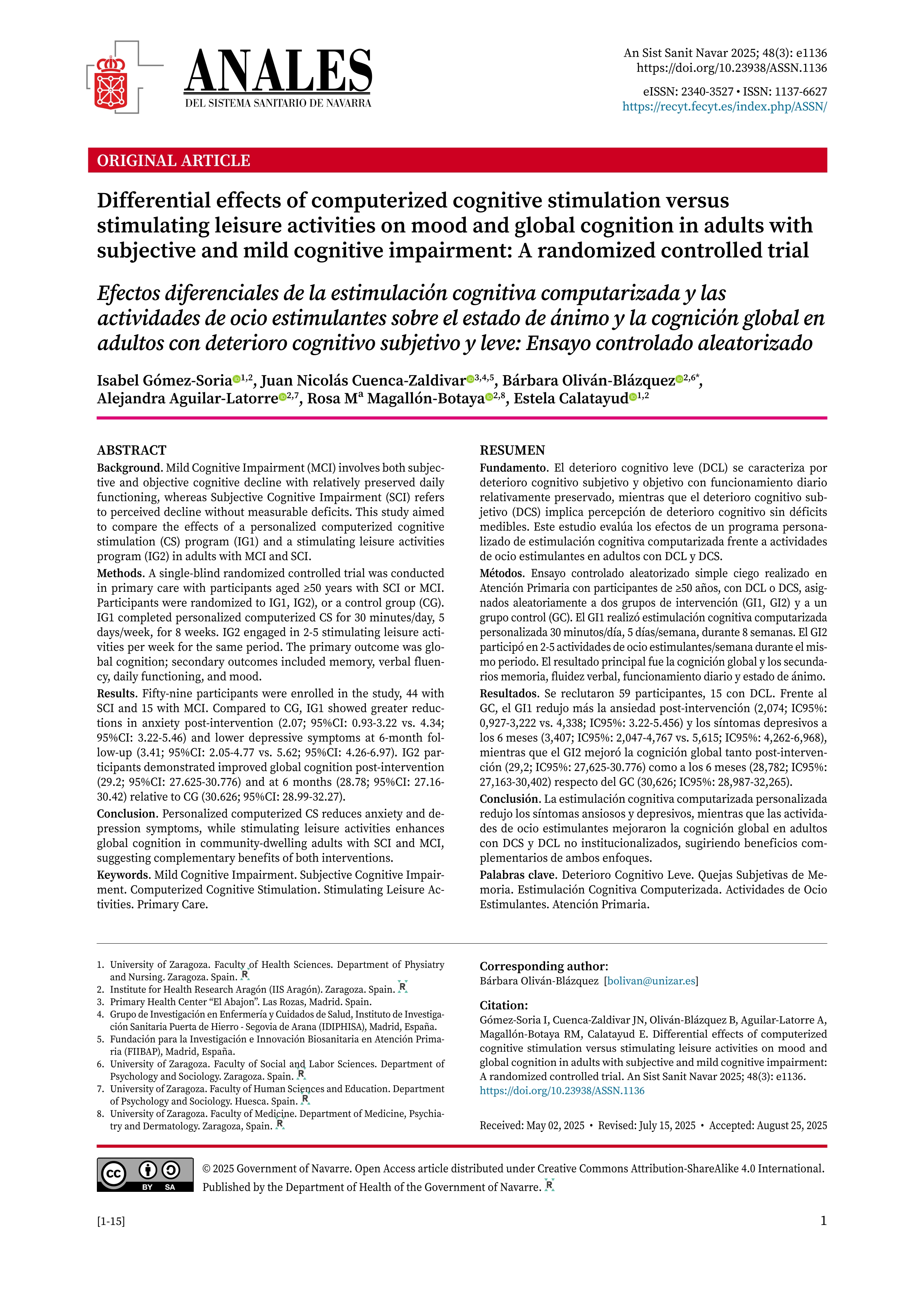 Differential effects of computerized cognitive stimulation versus stimulating leisure activities on mood and global cognition in adults with subjective and mild cognitive impairment: A randomized controlled trial