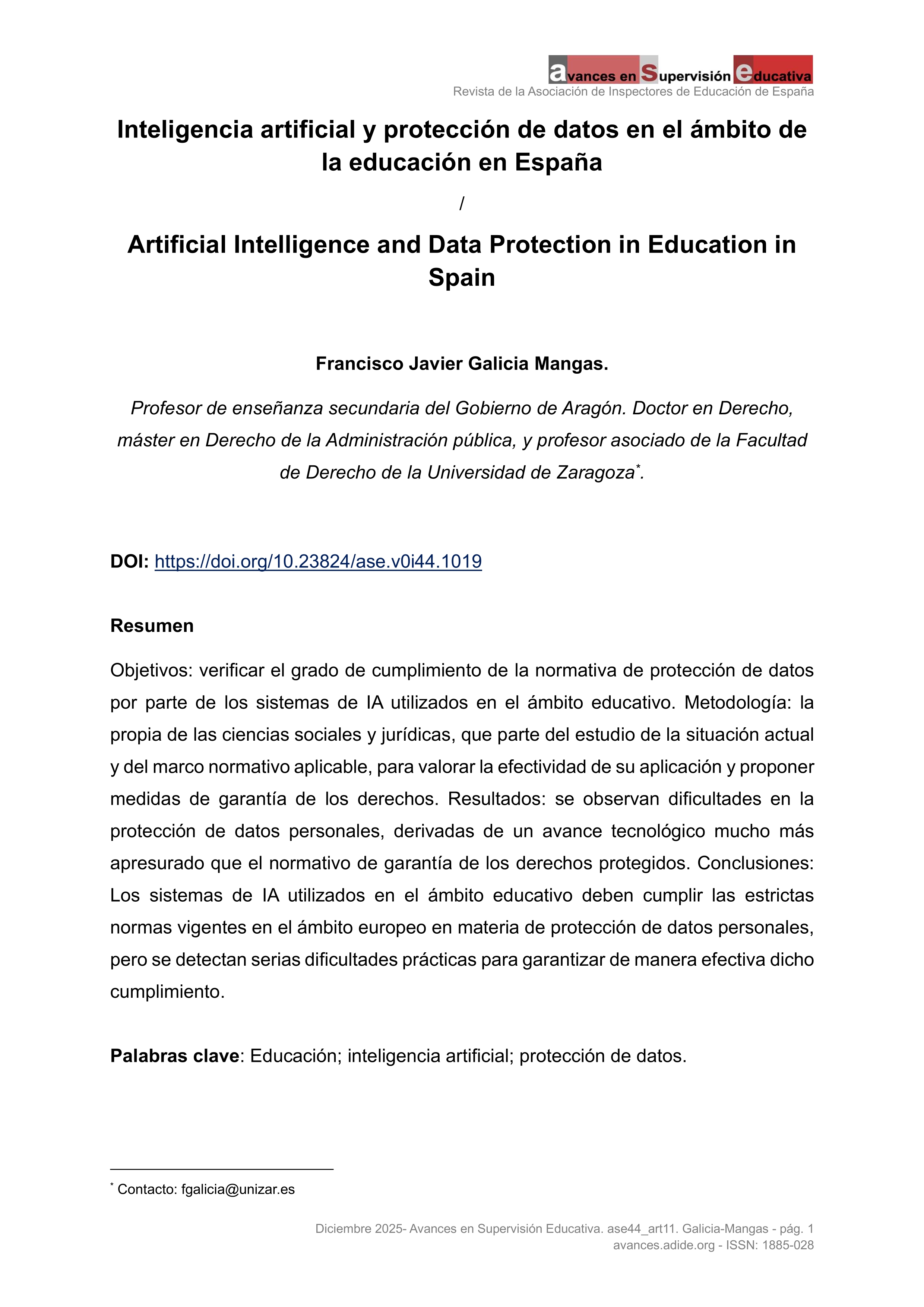Inteligencia artificial y proteción de datos en el ámbito de la educación en España