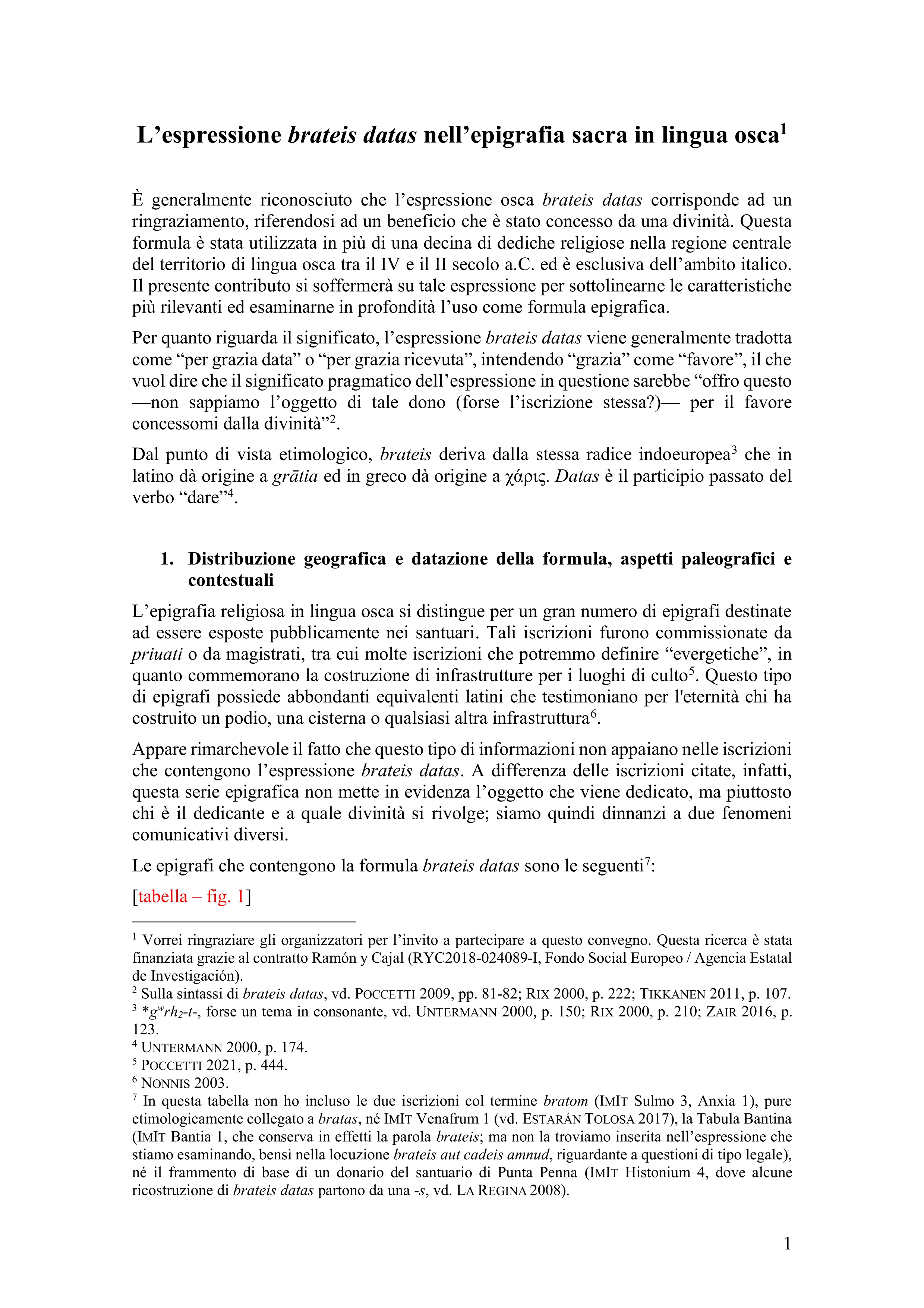 L’espressione brateis datas nell’epigrafia sacra in lingua osca