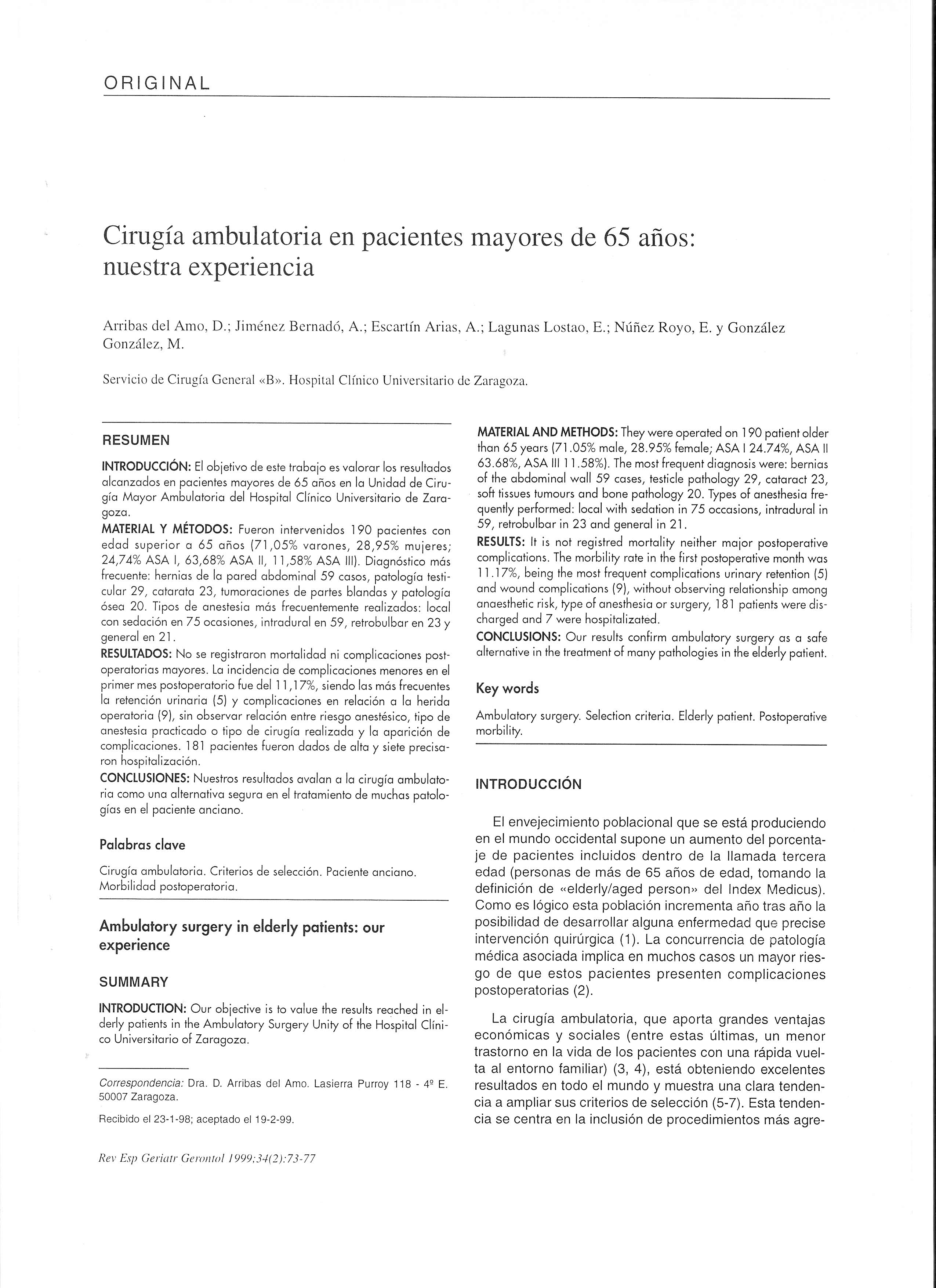 Cirugía ambulatoria en pacientes mayores de 65 años: nuestra experiencia
