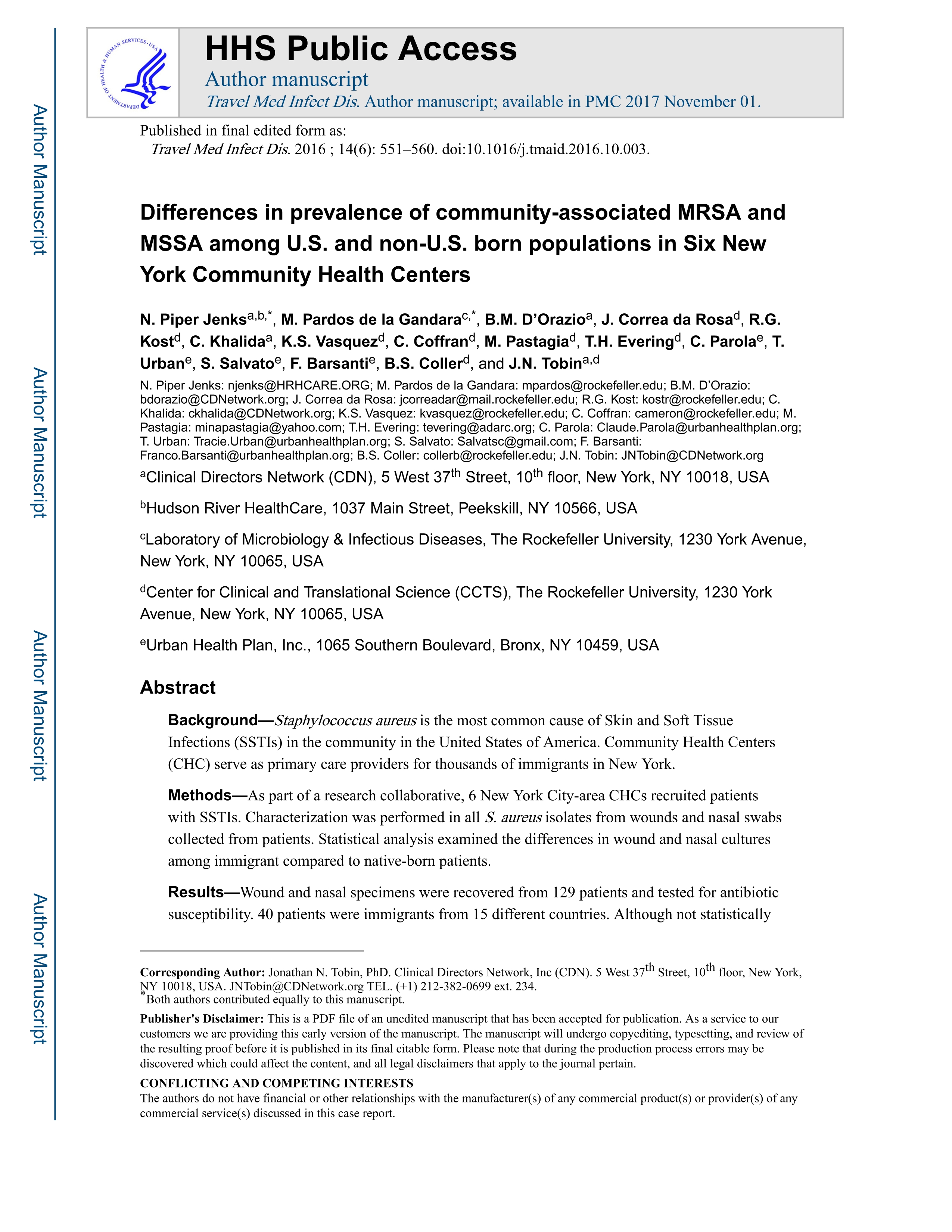 Differences in prevalence of community-associated MRSA and MSSA among U.S. and non-U.S. born populations in six New York Community Health Centers