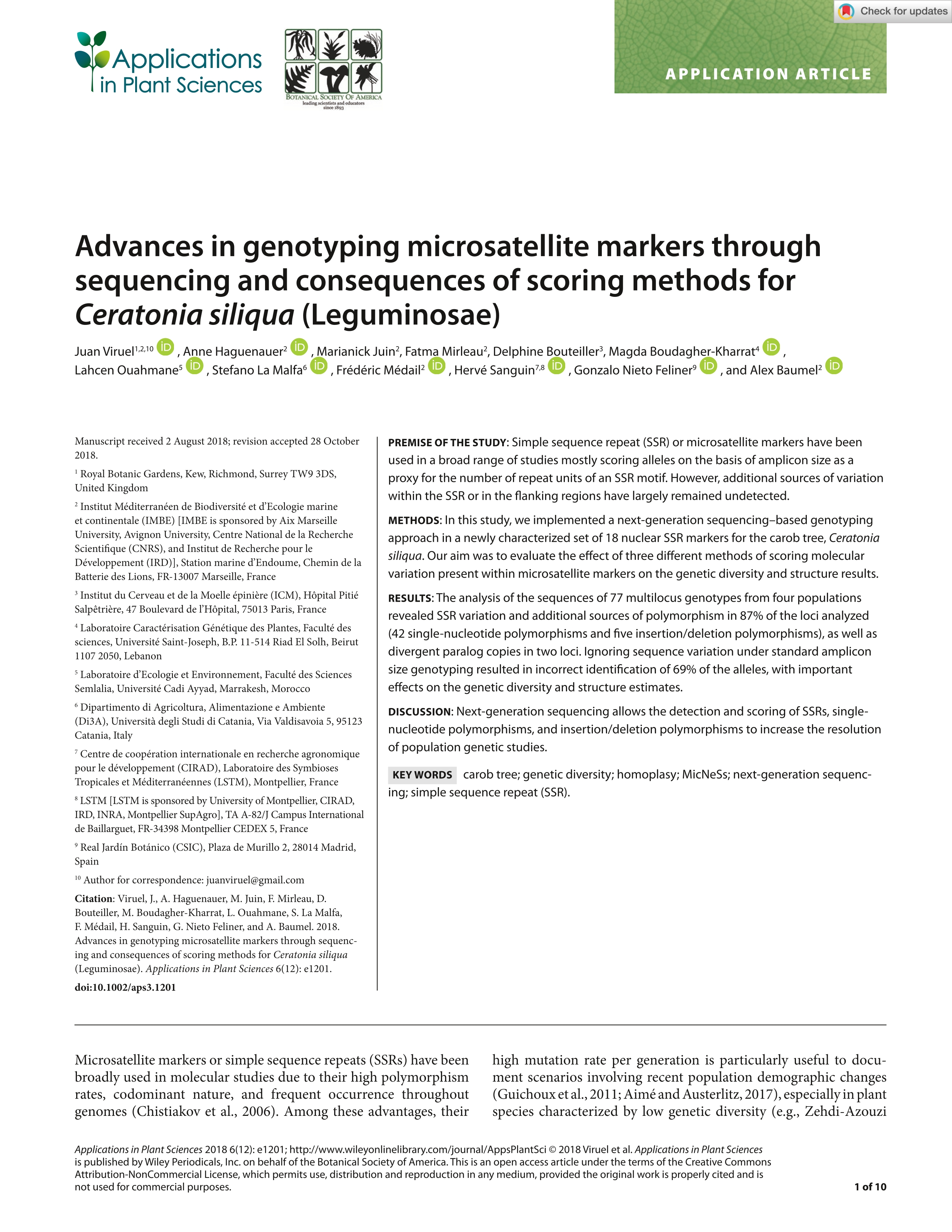 Advances in genotyping microsatellite markers through sequencing and consequences of scoring methods for                    <i>Ceratonia siliqua</i>                    (Leguminosae)