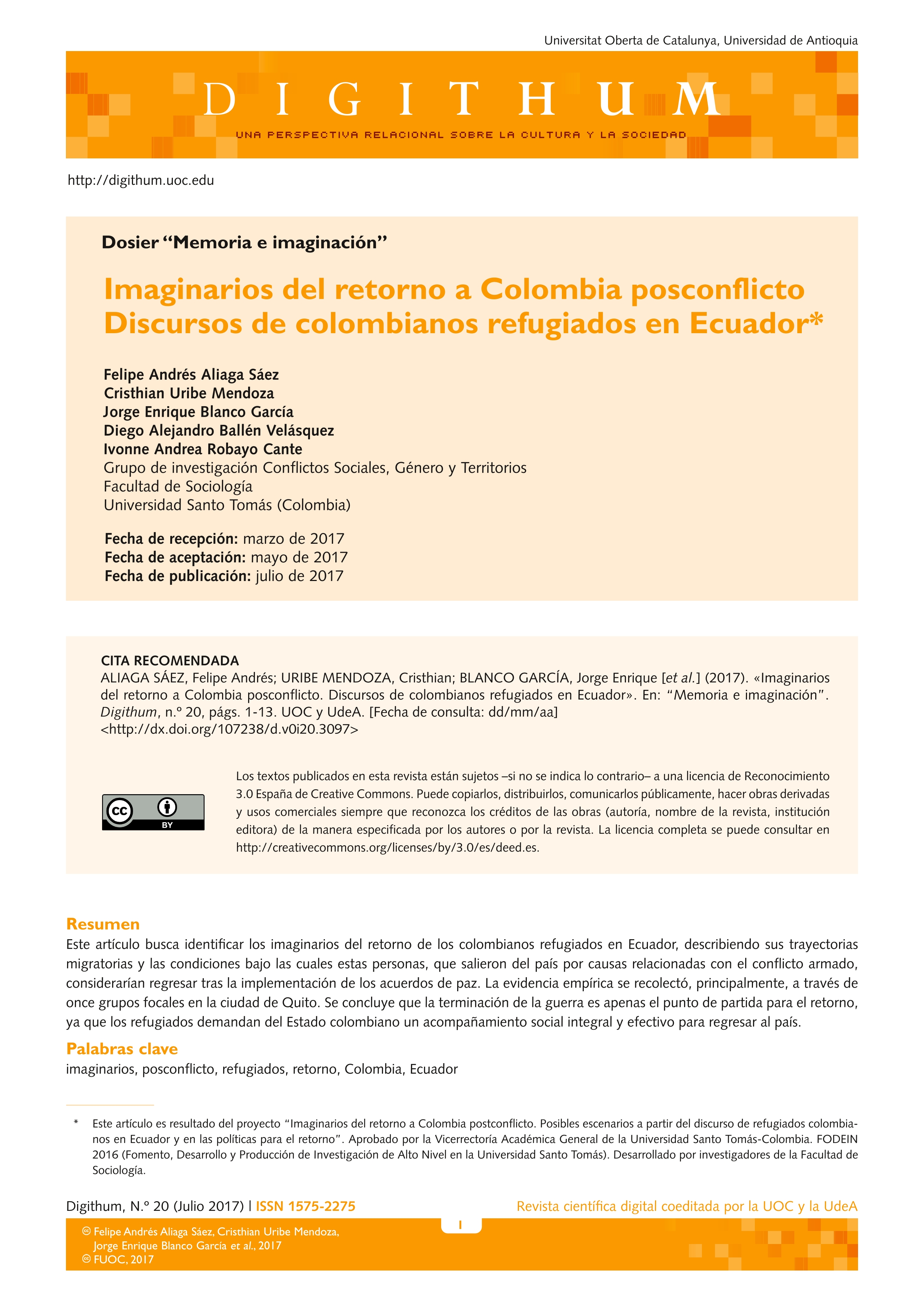 Imaginarios del retorno a la Colombia postconflicto. Discursos de colombianos refugiados en Ecuador