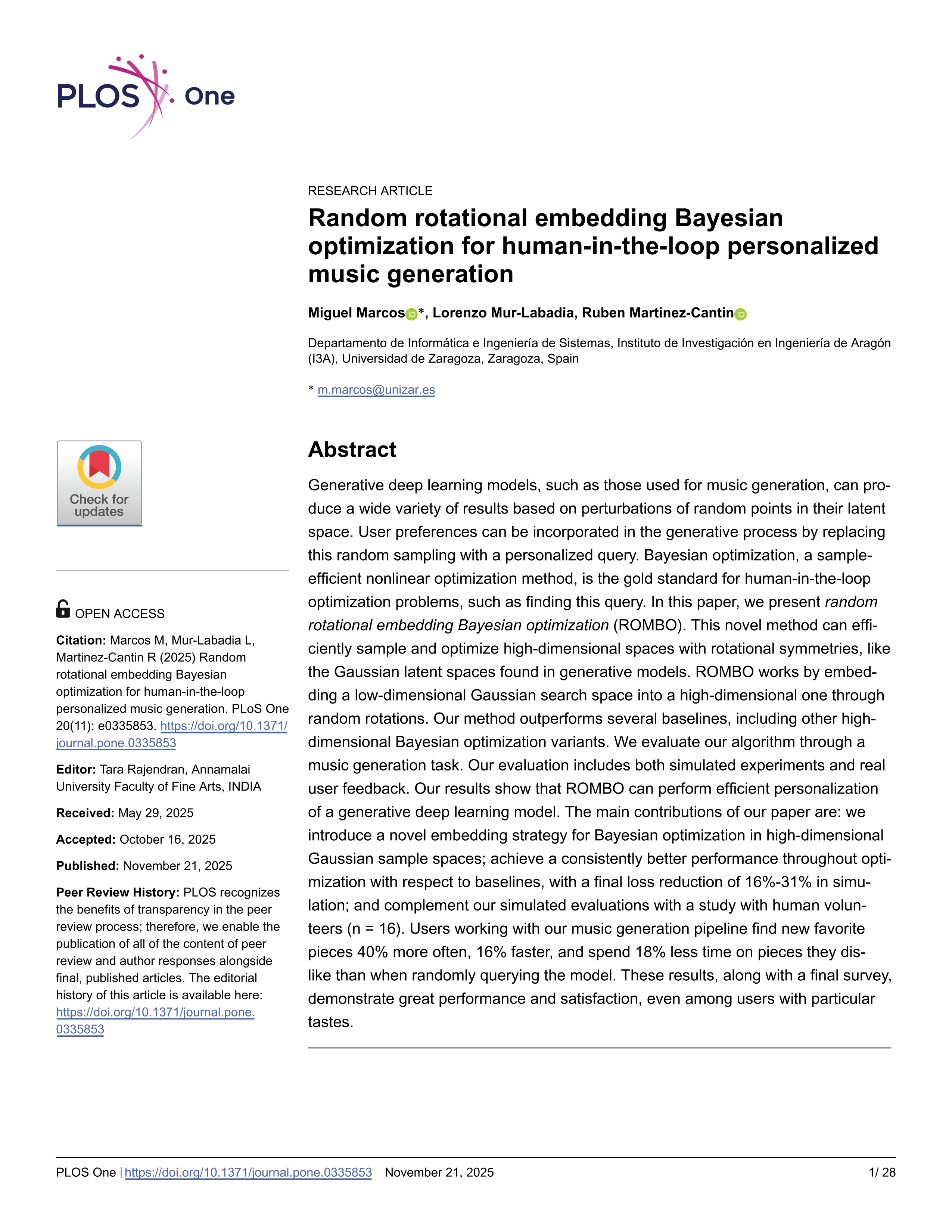 Random rotational embedding Bayesian optimization for human-in-the-loop personalized music generation