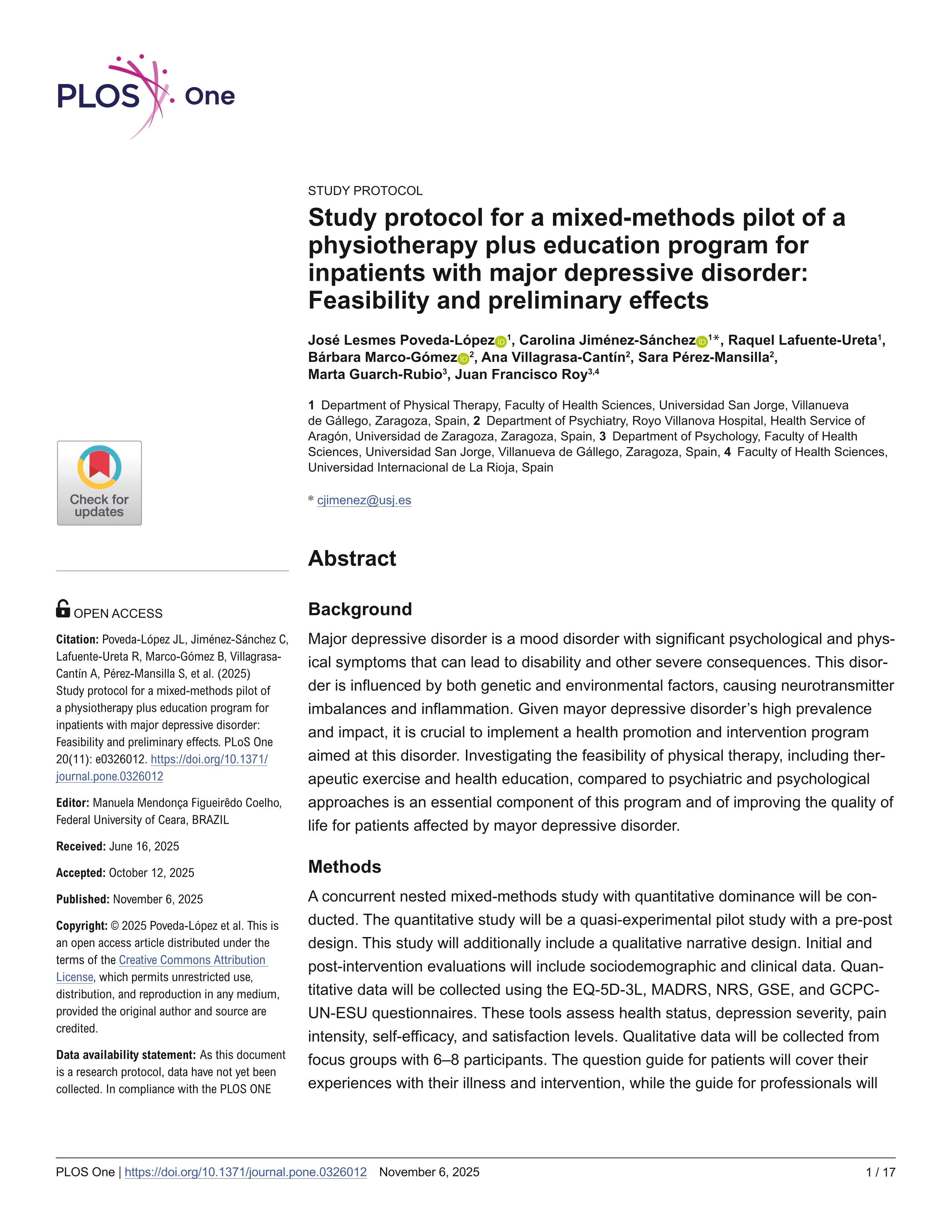 Study protocol for a mixed-methods pilot of a physiotherapy plus education program for inpatients with major depressive disorder: Feasibility and preliminary effects