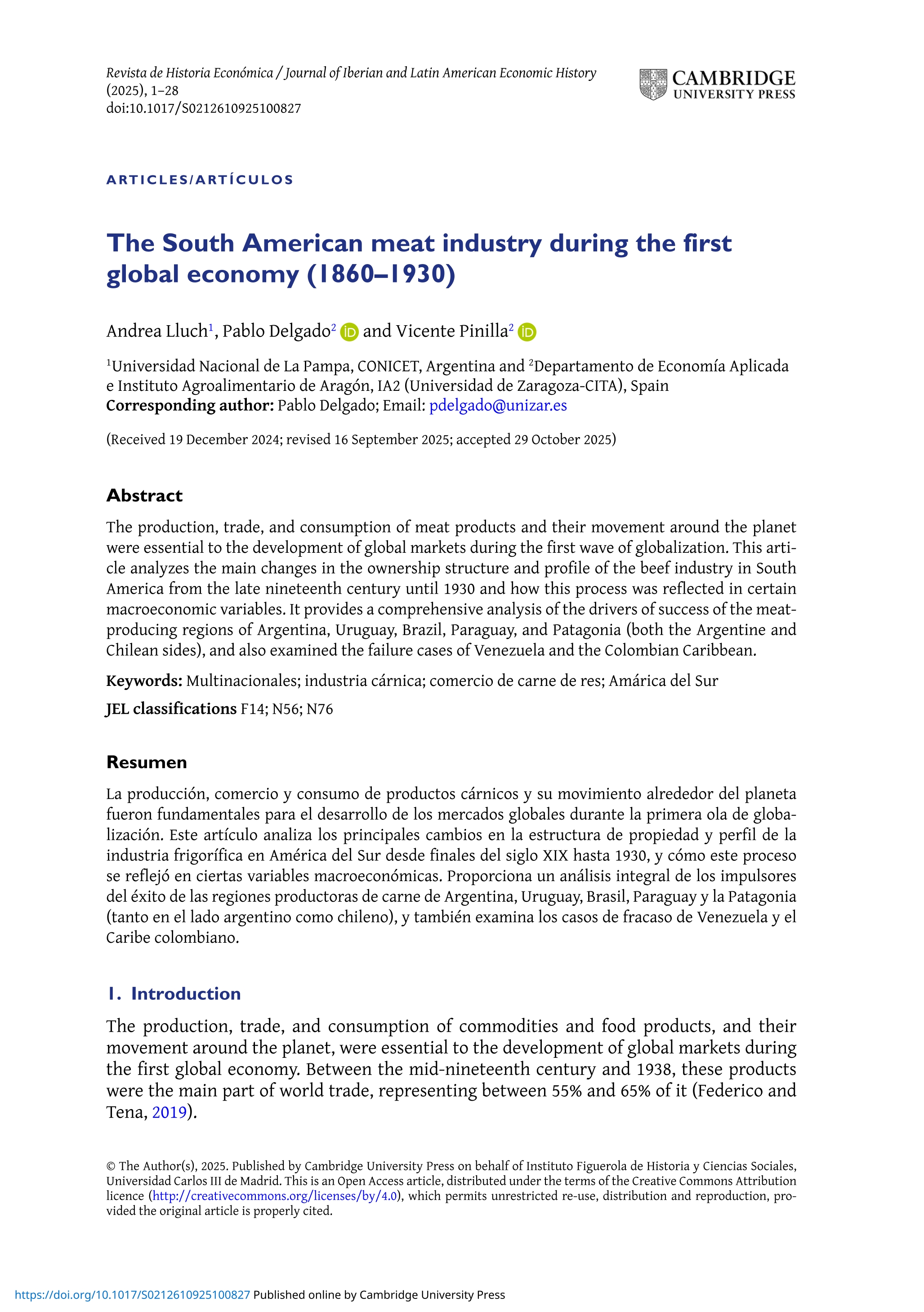 The South American meat industry during the first global economy (1860–1930)