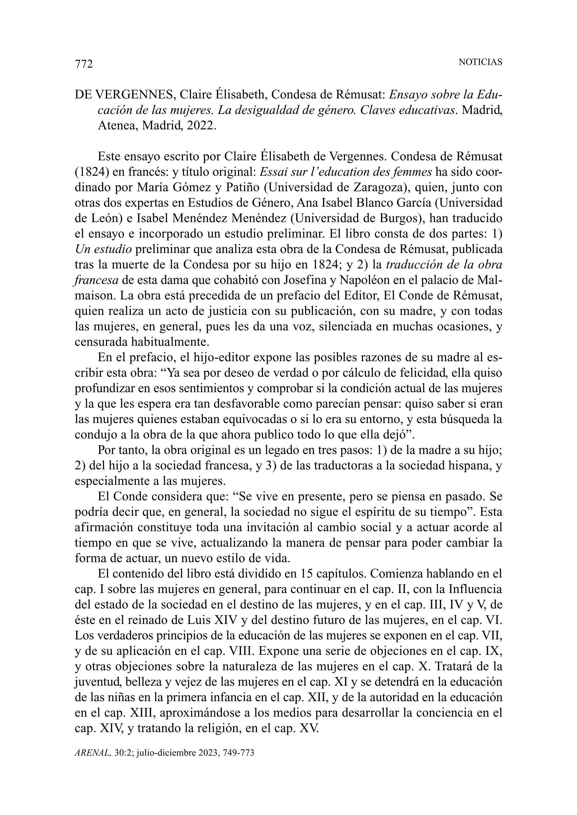 DE VERGENNES, Claire Élisabeth, Condesa de Rémusat: Ensayo sobre la Educación de las mujeres. La desigualdad de género. Claves educativas. Madrid, Atenea, Madrid, 2022.