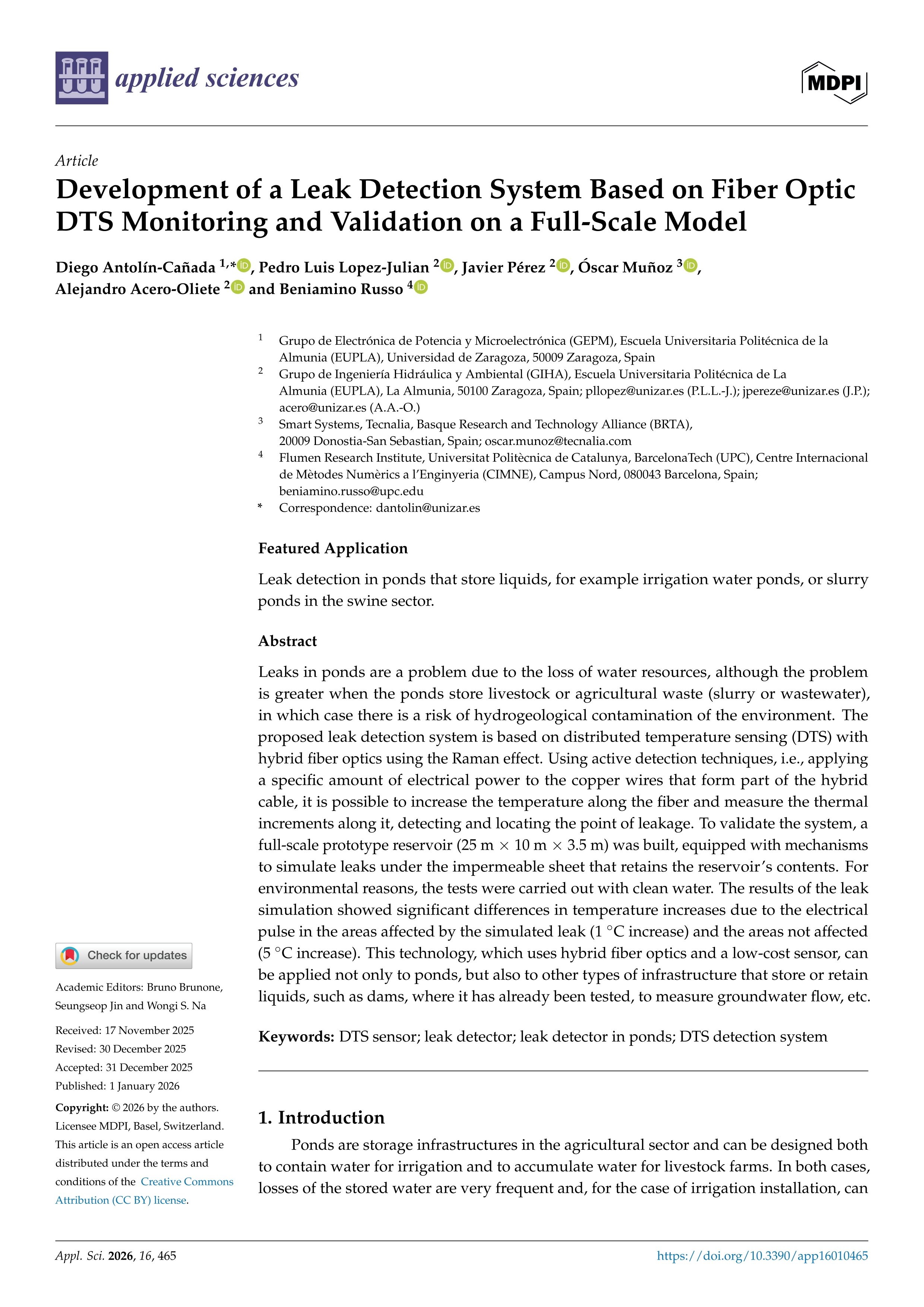 Development of a Leak Detection System Based on Fiber Optic DTS Monitoring and Validation on a Full-Scale Model