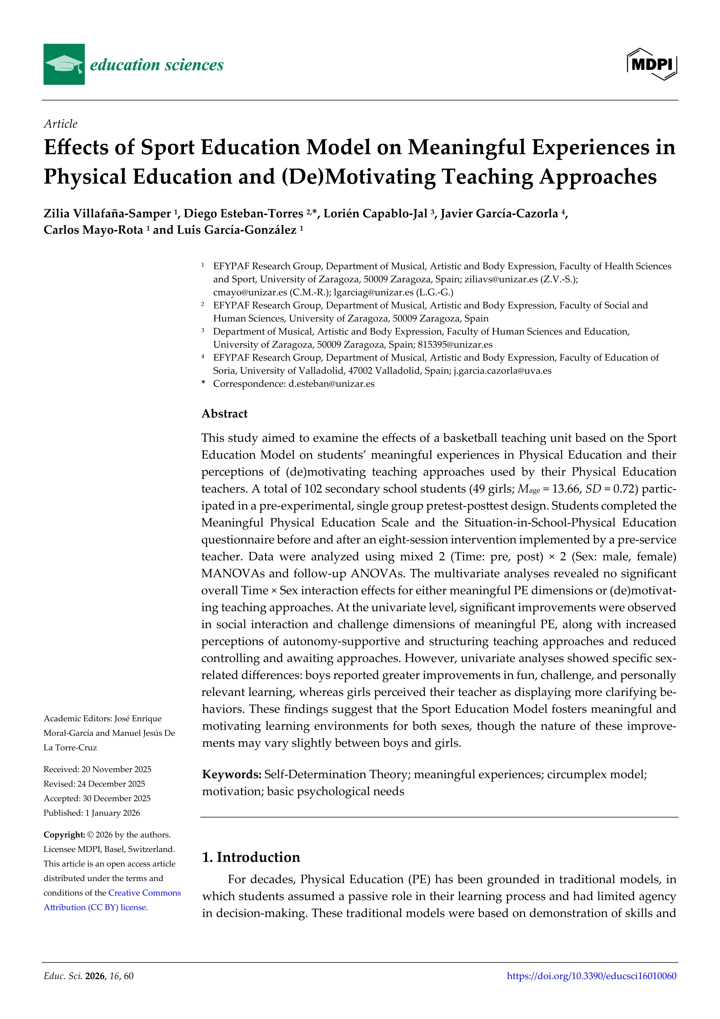 Effects of Sport Education Model on Meaningful Experiences in Physical Education and (De)Motivating Teaching Approaches