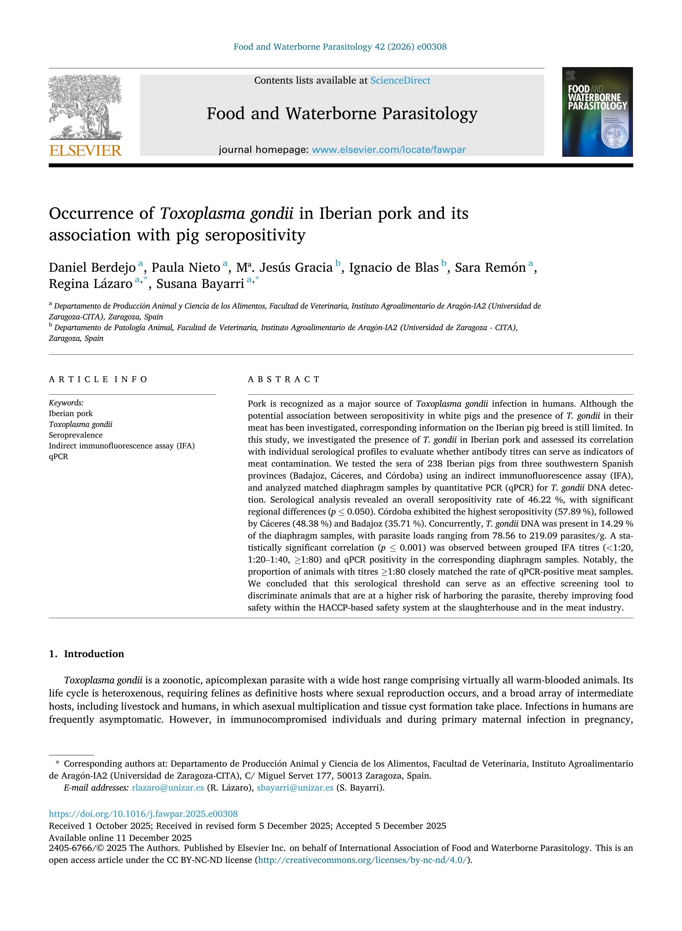 Occurrence of Toxoplasma gondii in Iberian pork and its association with pig seropositivity