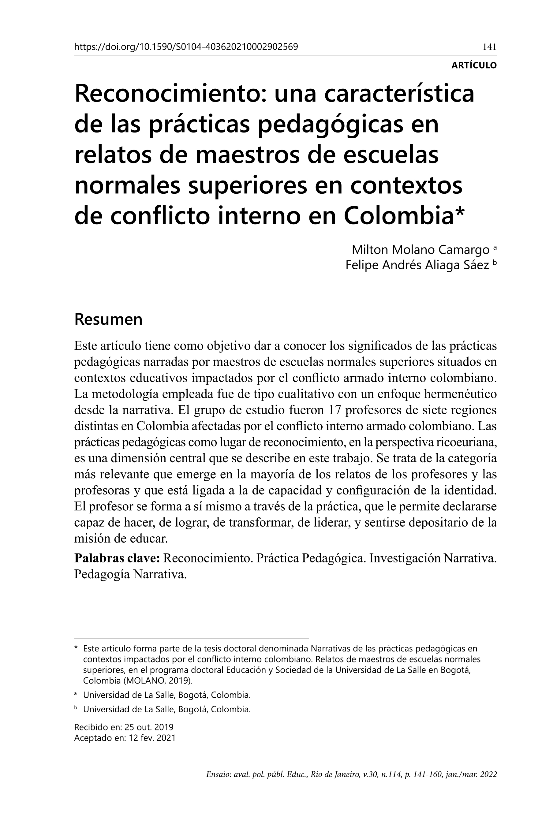 Reconocimiento: una característica de las prácticas pedagógicas en relatos de maestros de escuelas normales superiores en contextos de conflicto interno en Colombia