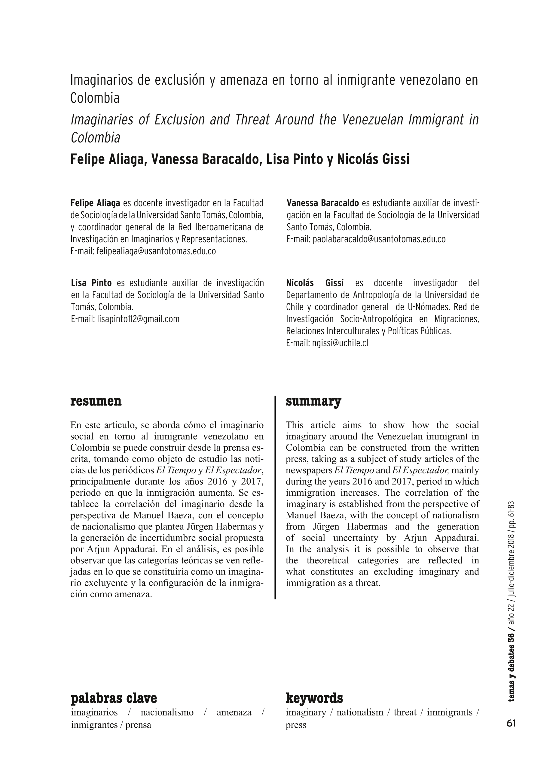 Imaginarios de exclusión y amenaza en torno al inmigrante venezolano en Colombia