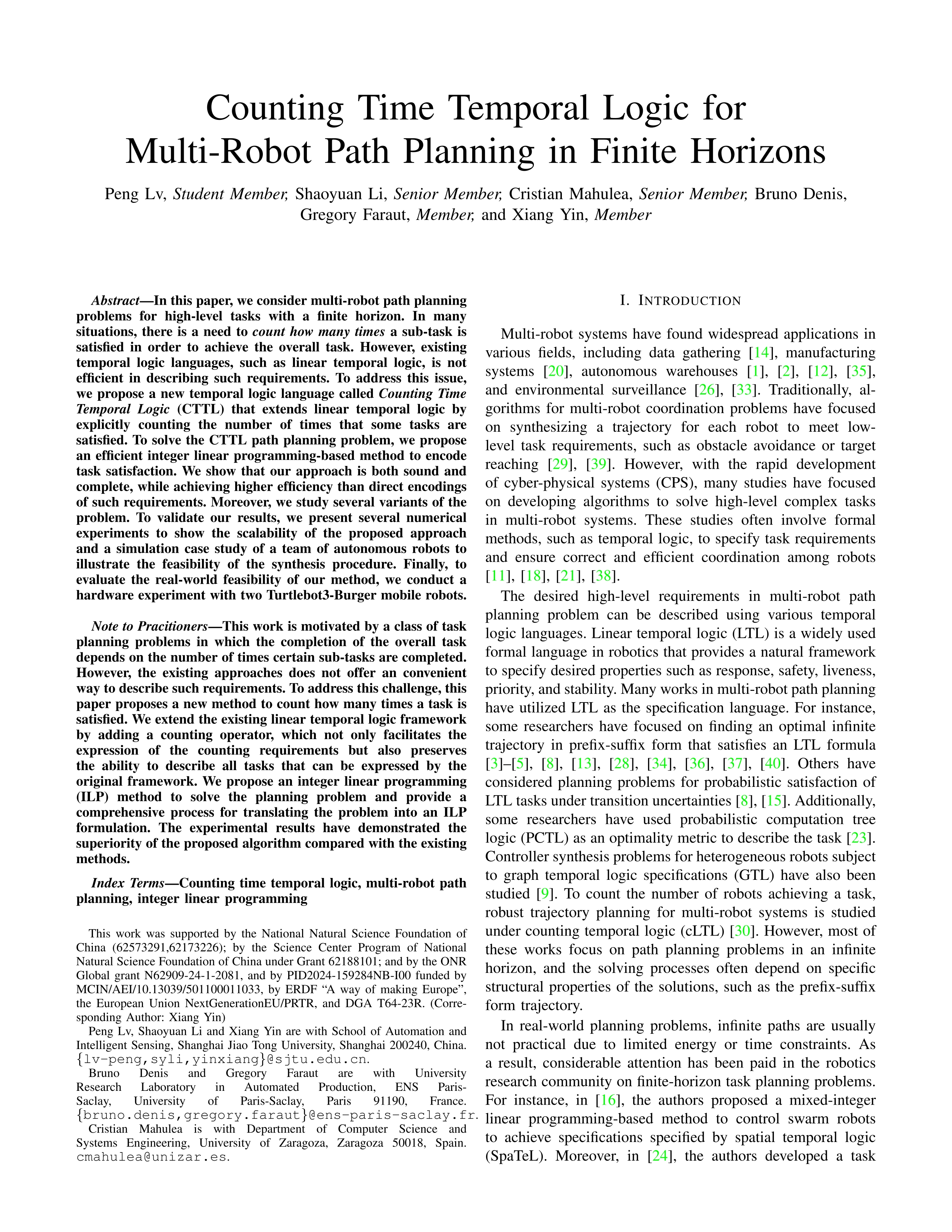Counting Time Temporal Logic for Multi-Robot Path Planning in Finite Horizons