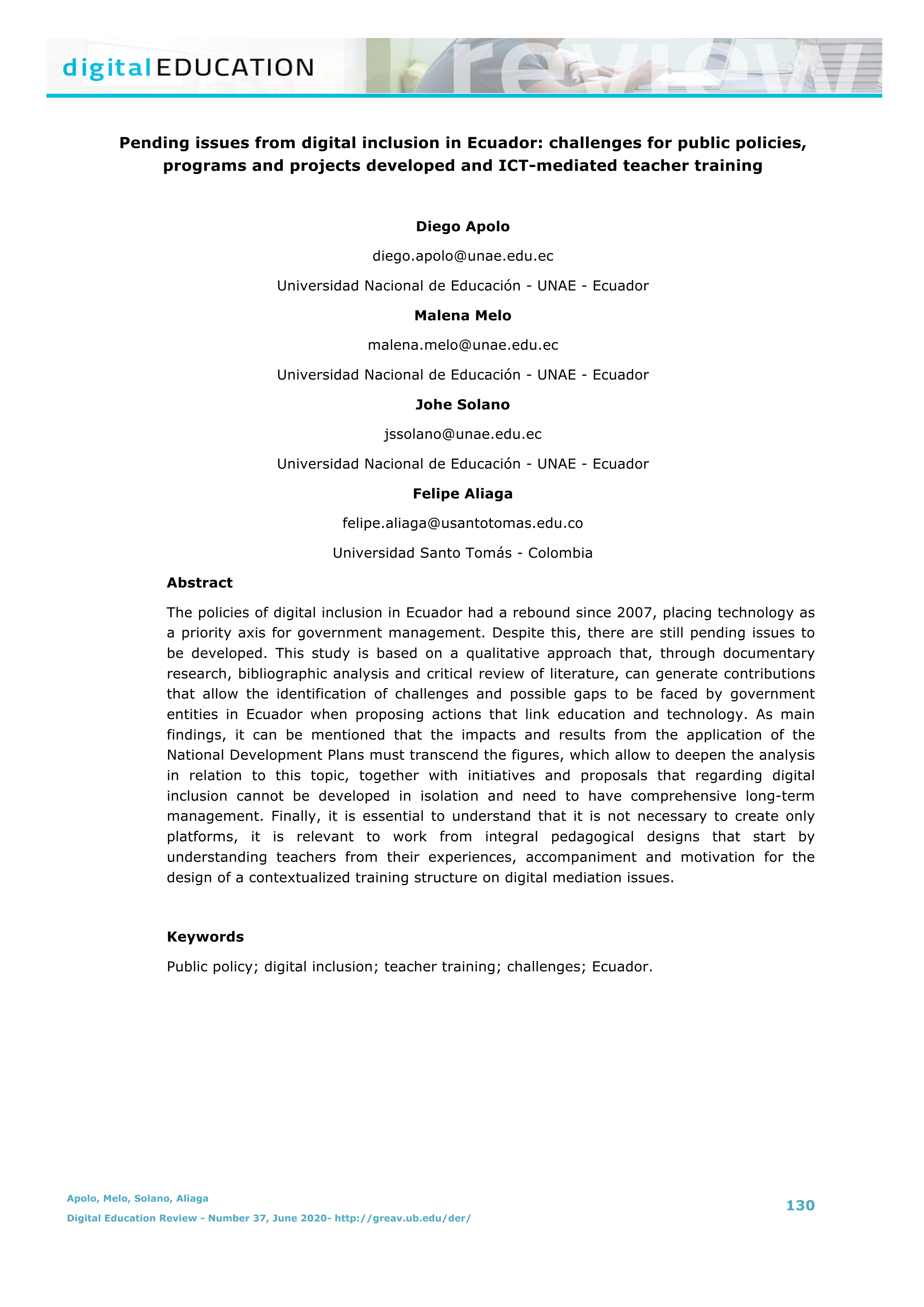 Pending issues from digital inclusion in Ecuador: challenges for public policies, programs and projects developed and ICT-mediated teacher training