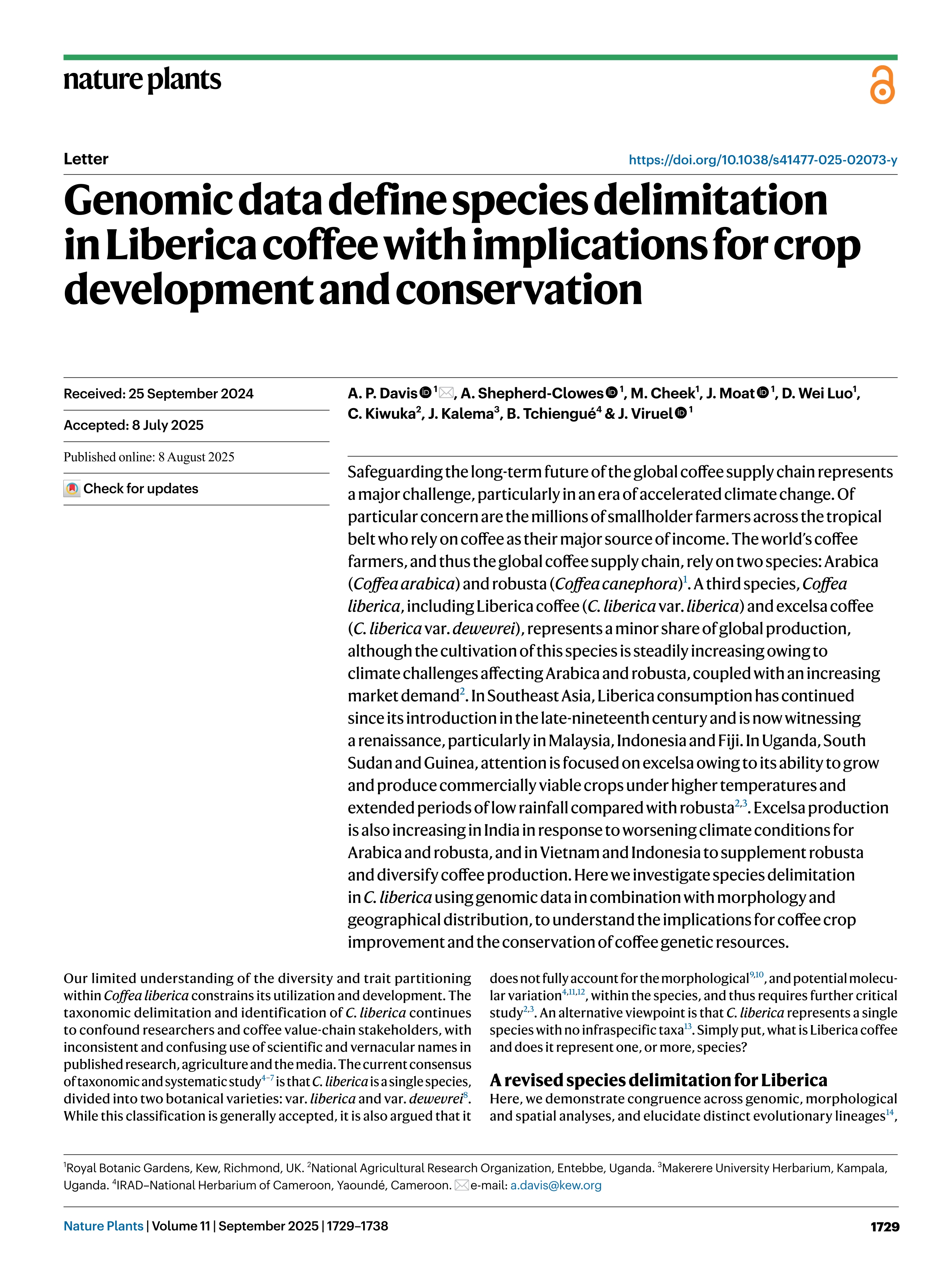 Genomic data define species delimitation in Liberica coffee with implications for crop development and conservation