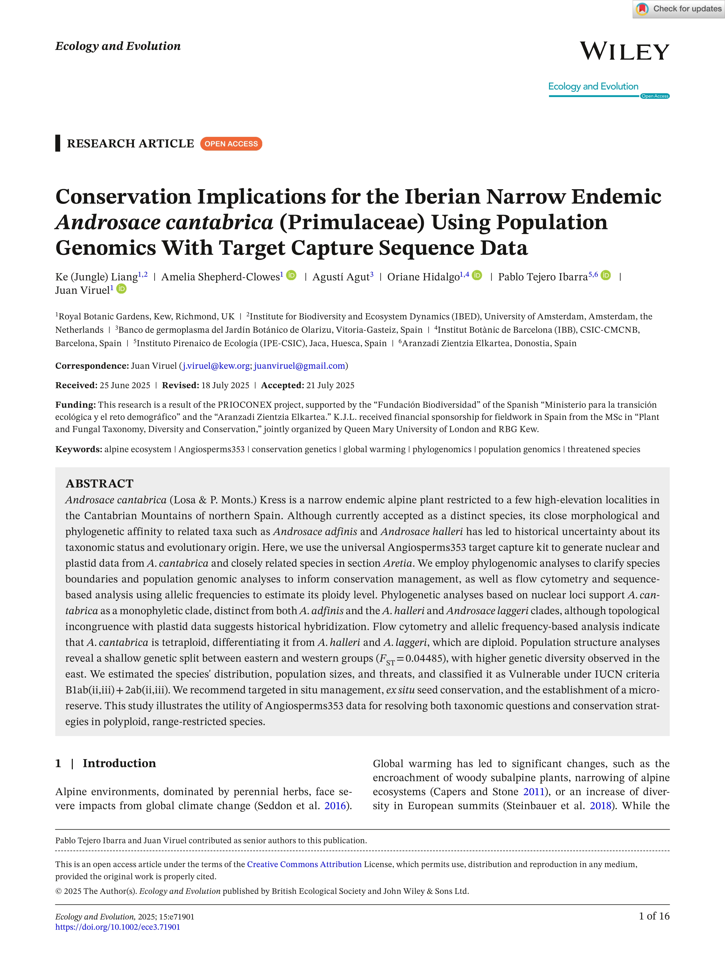 Conservation Implications for the Iberian Narrow Endemic Androsace cantabrica (Primulaceae) Using Population Genomics With Target Capture Sequence Data