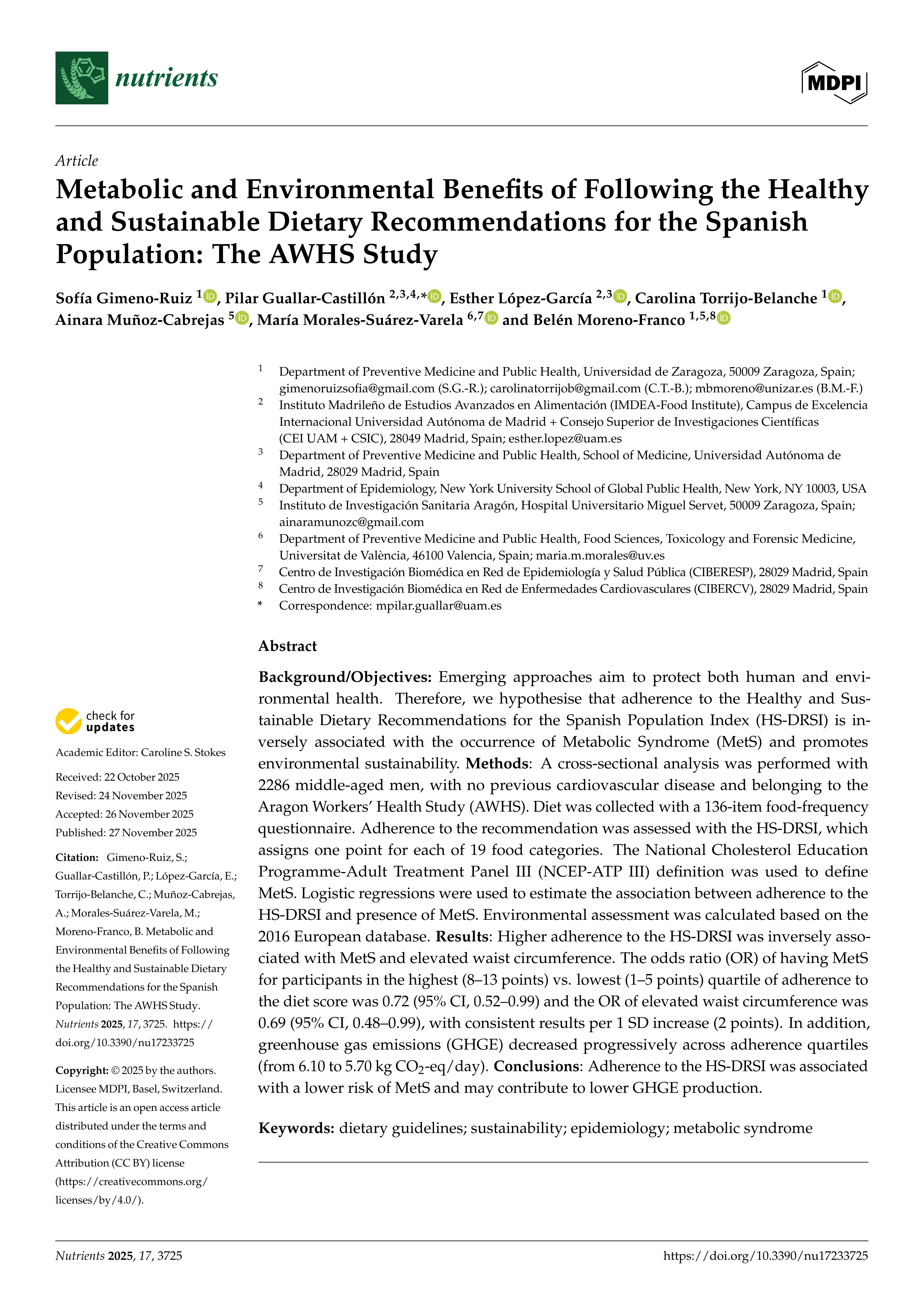 Metabolic and Environmental Benefits of Following the Healthy and Sustainable Dietary Recommendations for the Spanish Population: The AWHS Study