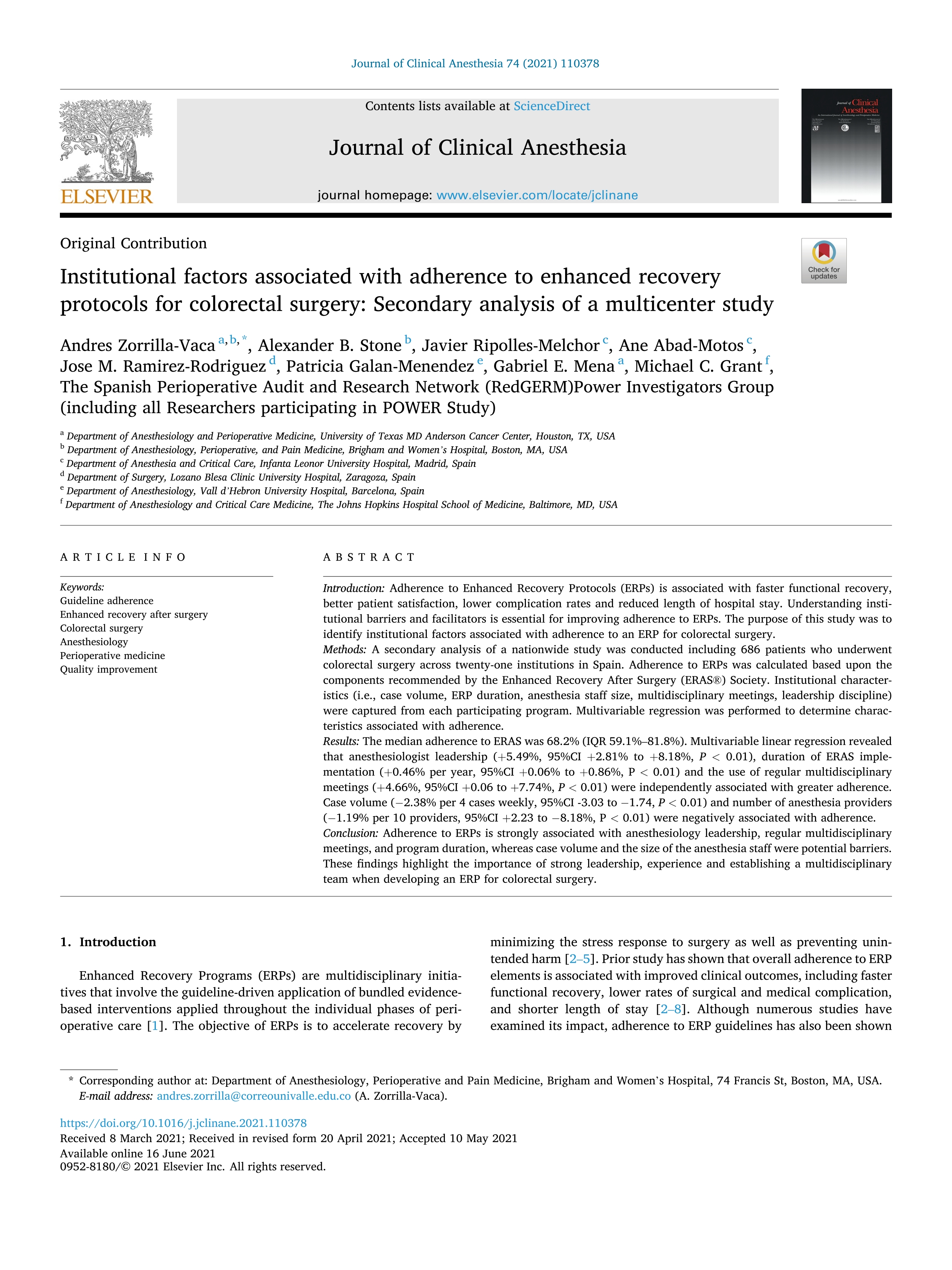 Institutional factors associated with adherence to enhanced recovery protocols for colorectal surgery: Secondary analysis of a multicenter study.