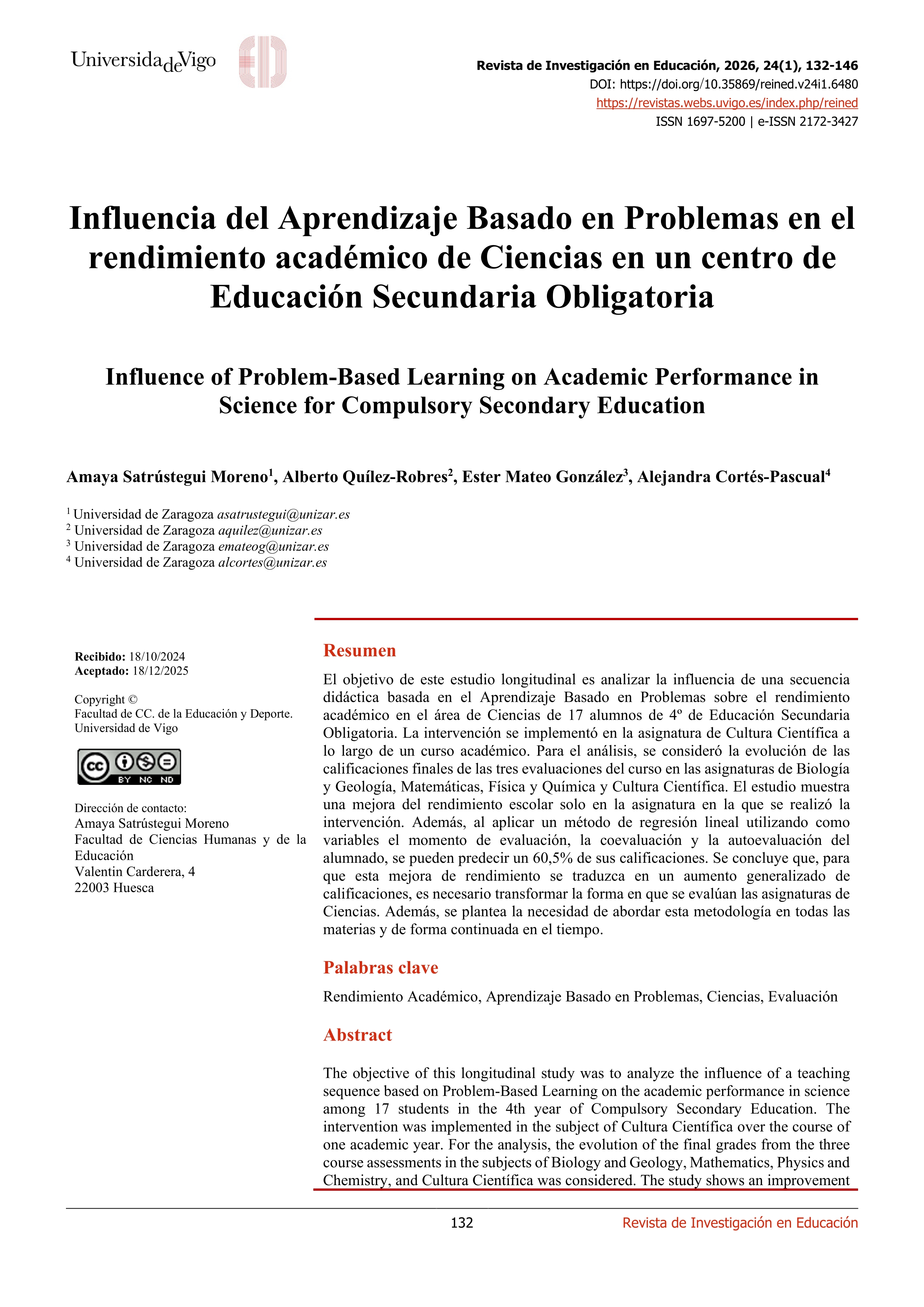 Influencia del Aprendizaje Basado en Problemas en el rendimiento académico de Ciencias en un centro de Educación Secundaria Obligatoria