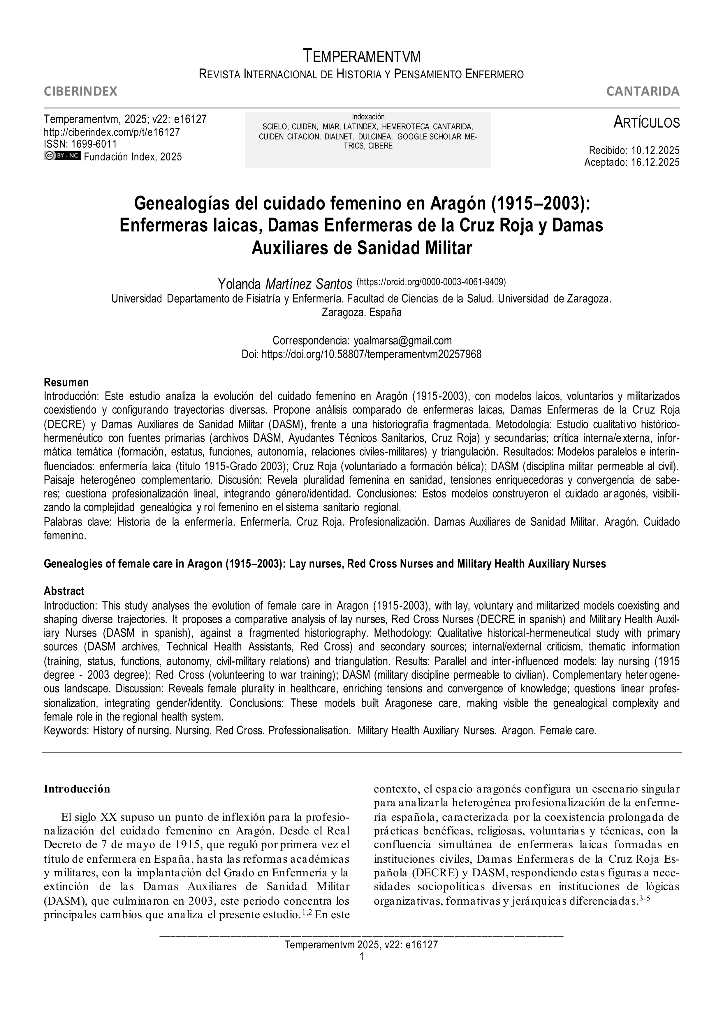 Genealogías del cuidado femenino en Aragón (1915–2003): Enfermeras laicas, Damas Enfermeras de la Cruz Roja y Damas Auxiliares de Sanidad Militar