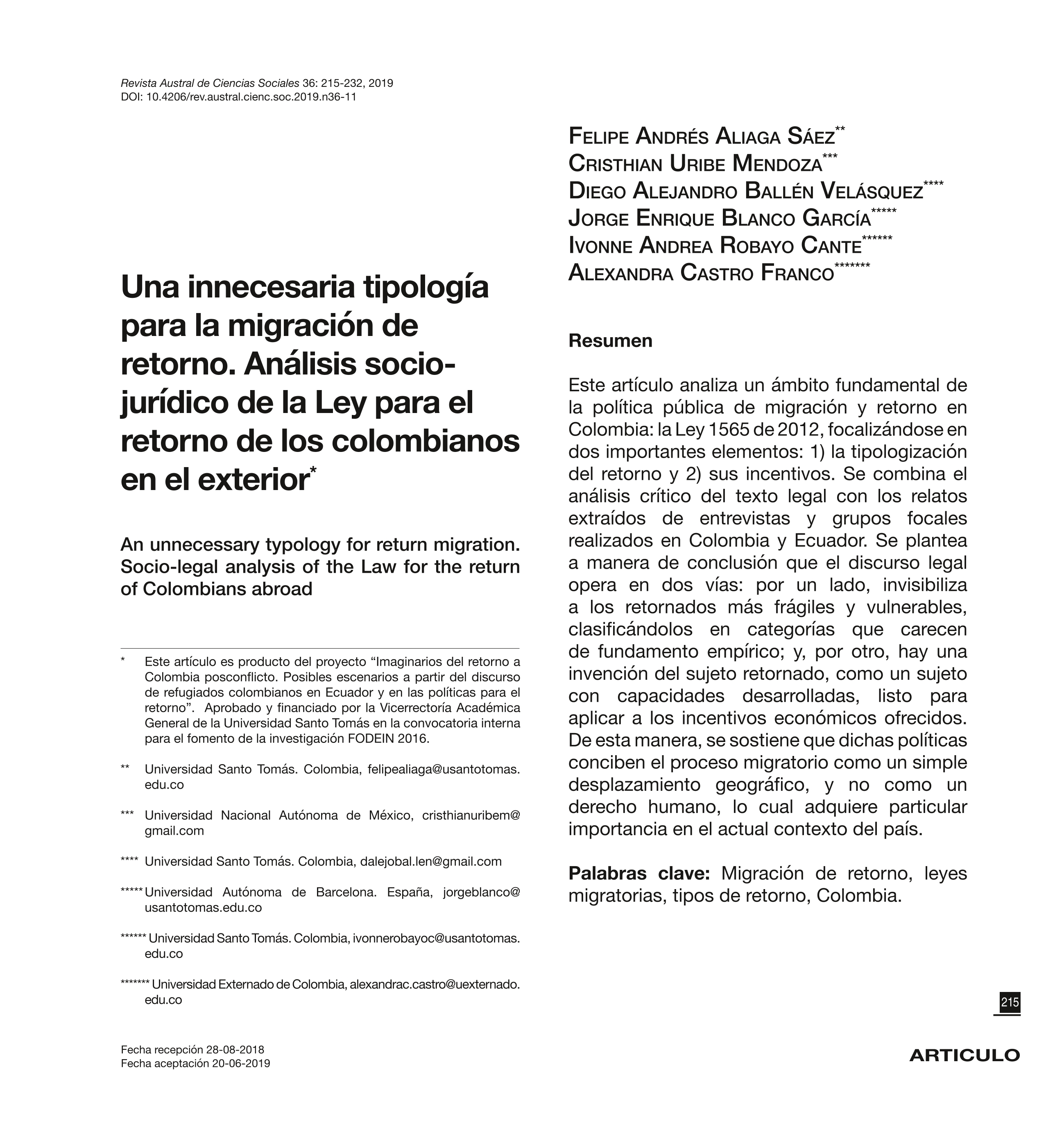 Una innecesaria tipología para la migración de retorno. Análisis sociojurídico de la Ley para el retorno de los colombianos en el exterior