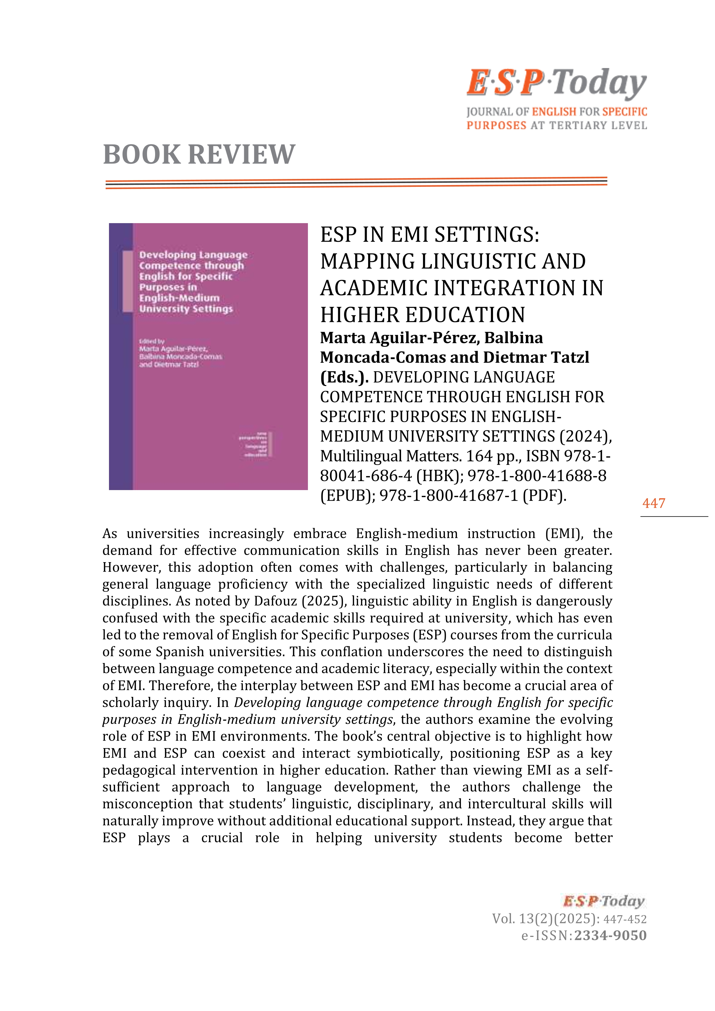 ESP in EMI Settings: Mapping Linguistic and Academic Integration in Higher Education.
