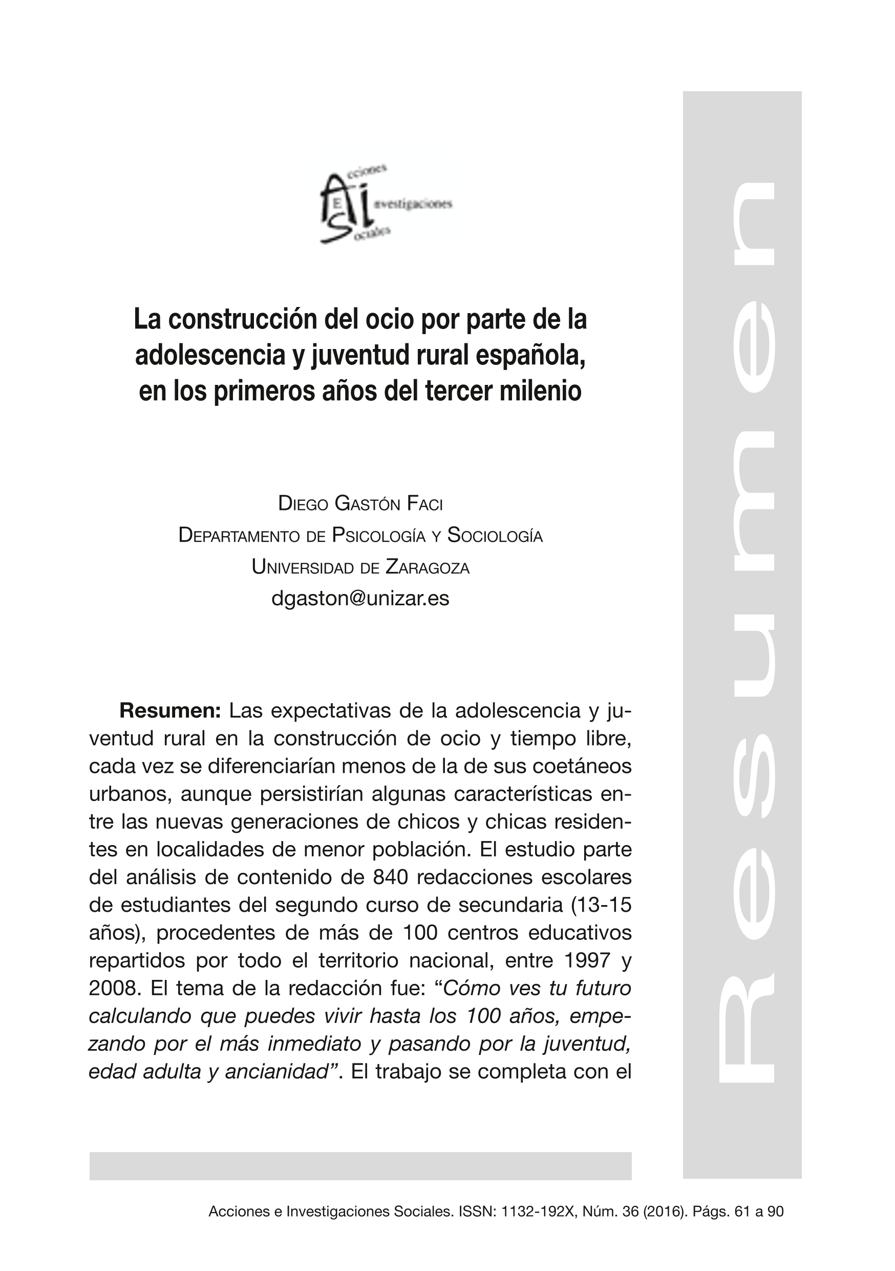 La construcción del ocio por parte de la adolescencia y juventud rural española, en los primeros años del tercer milenio