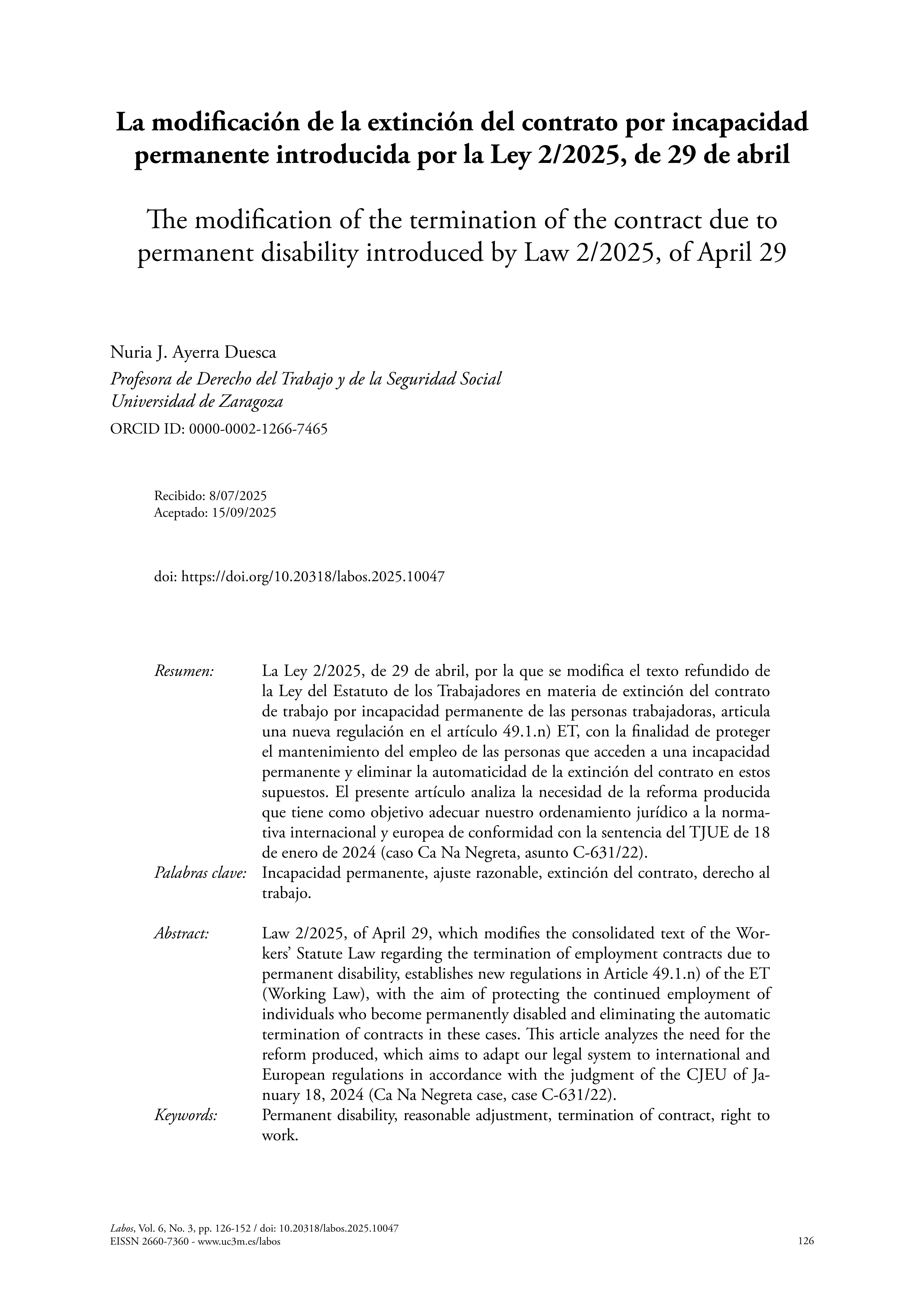 La modificación de la extinción del contrato por incapacidad permanente introducida por la Ley 2/2025, de 29 de abril