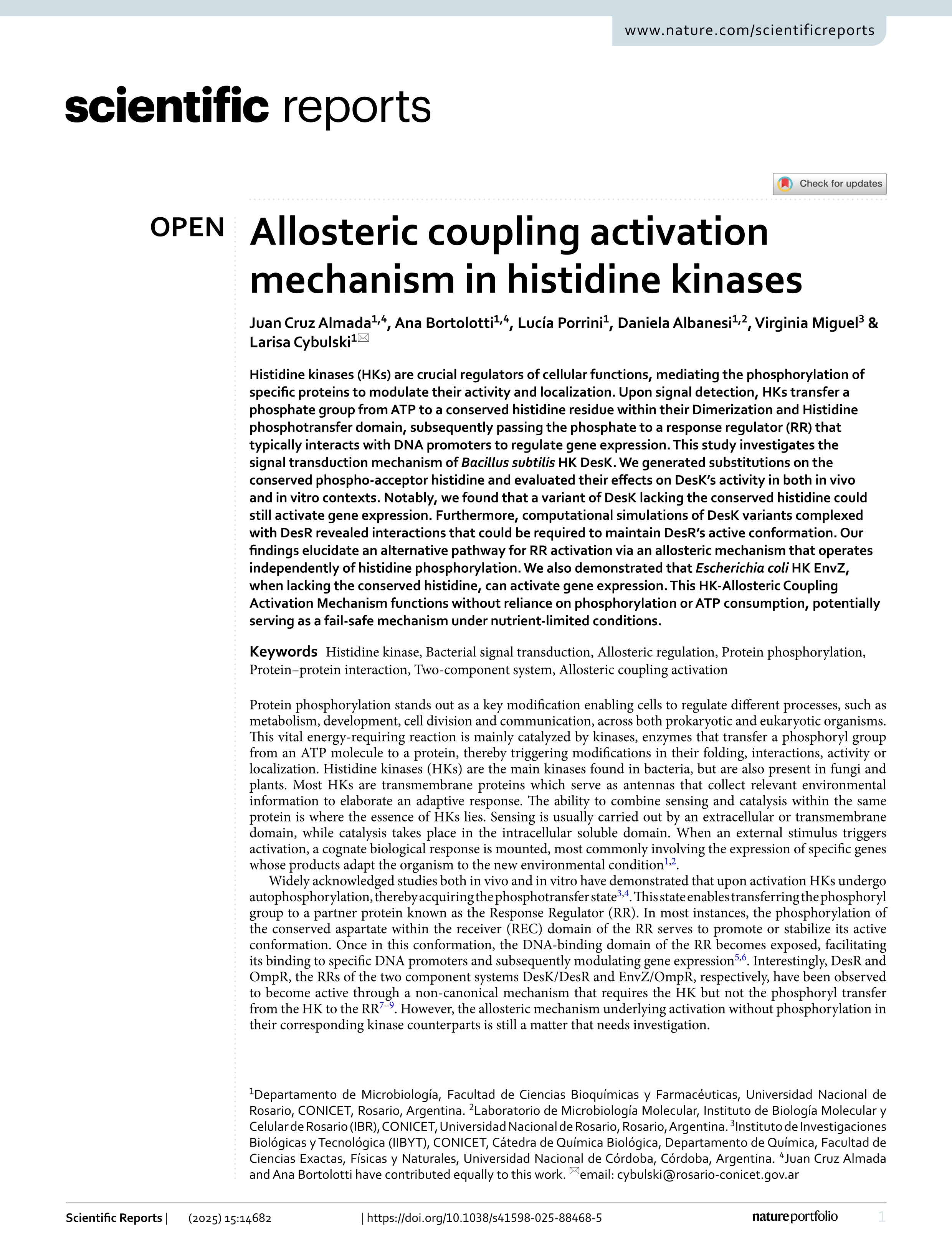 Allosteric coupling activation mechanism in histidine kinases