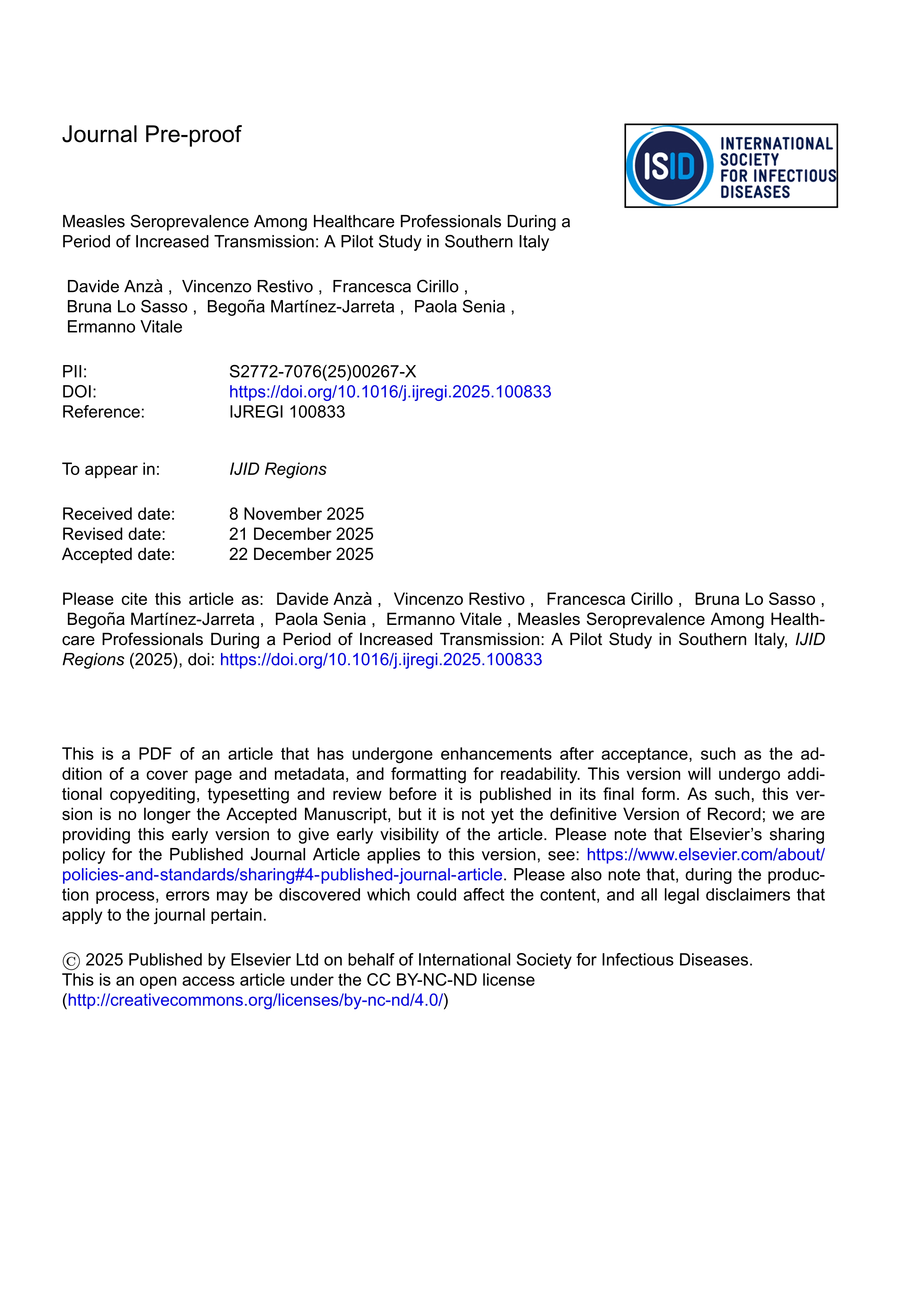 Measles Seroprevalence Among Healthcare Professionals During a Period of Increased Transmission: A Pilot Study in Southern Italy