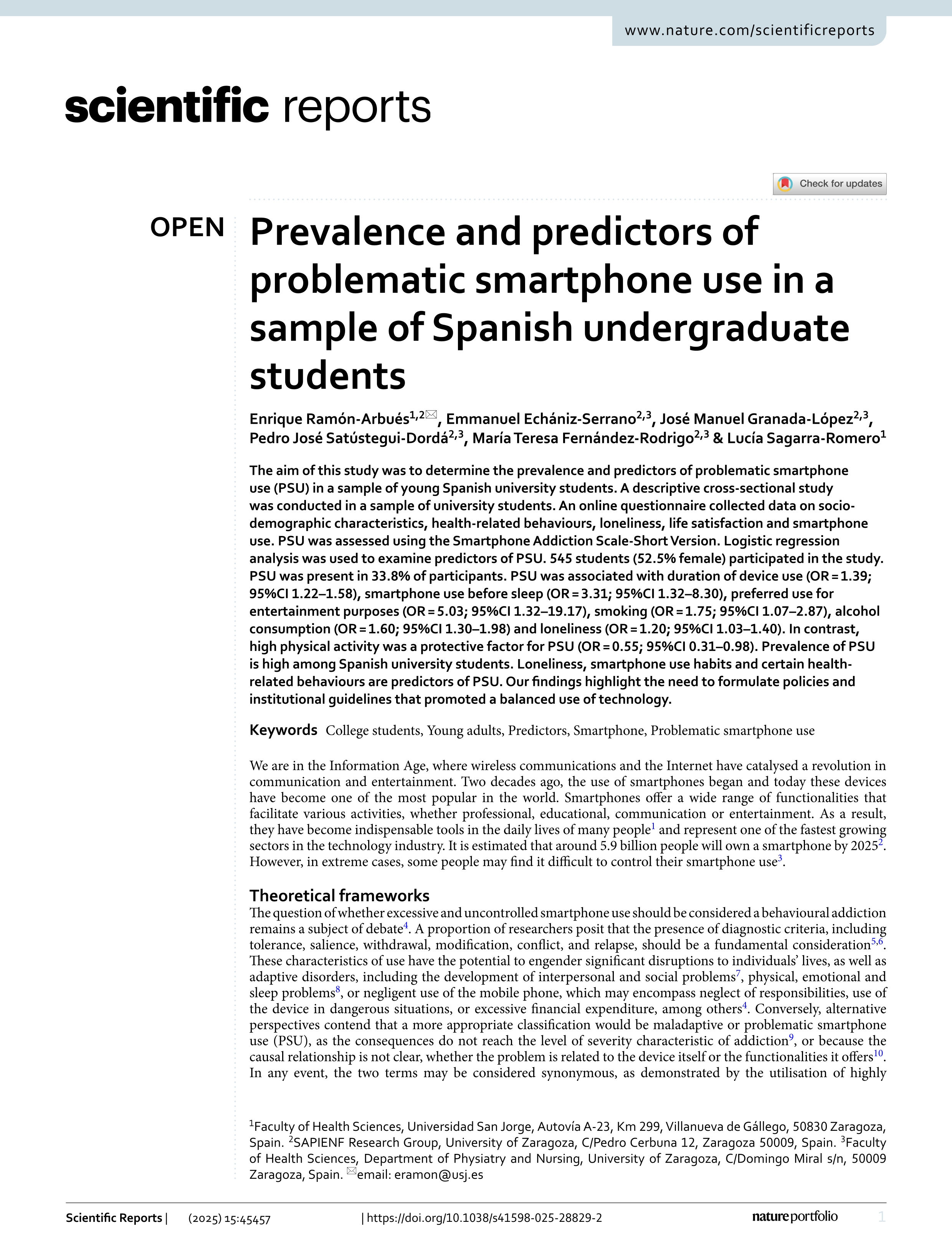 Prevalence and predictors of problematic smartphone use in a sample of Spanish undergraduate students