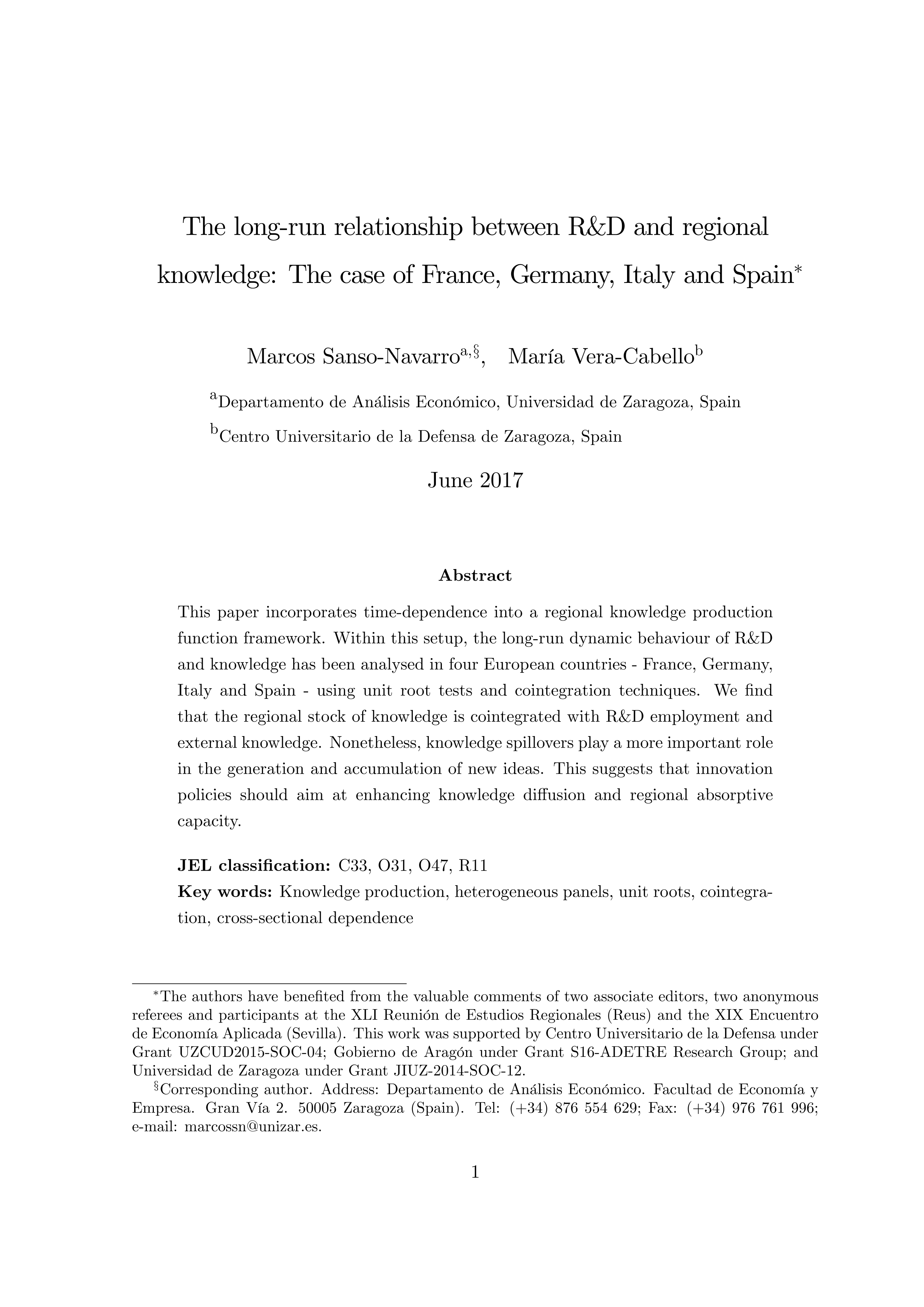 The long-run relationship between R&D and regional knowledge: The case of France, Germany, Italy and Spain