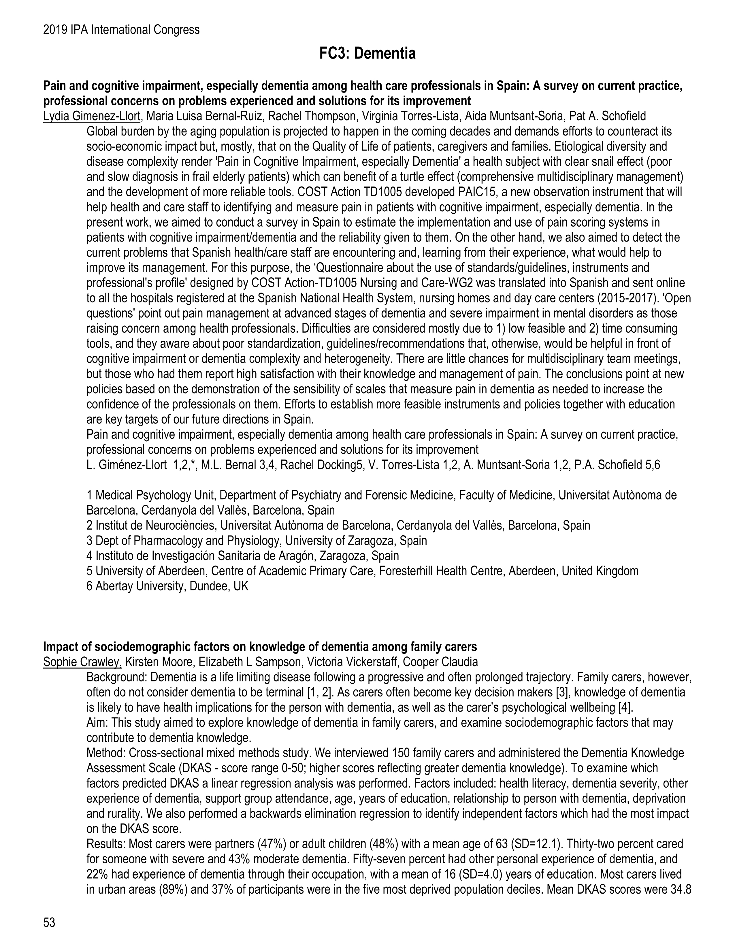 Pain and cognitive impairment, especially dementia among health care professionals in Spain: A survey on current practice, professional concerns on problems experienced and solutions for its improvement