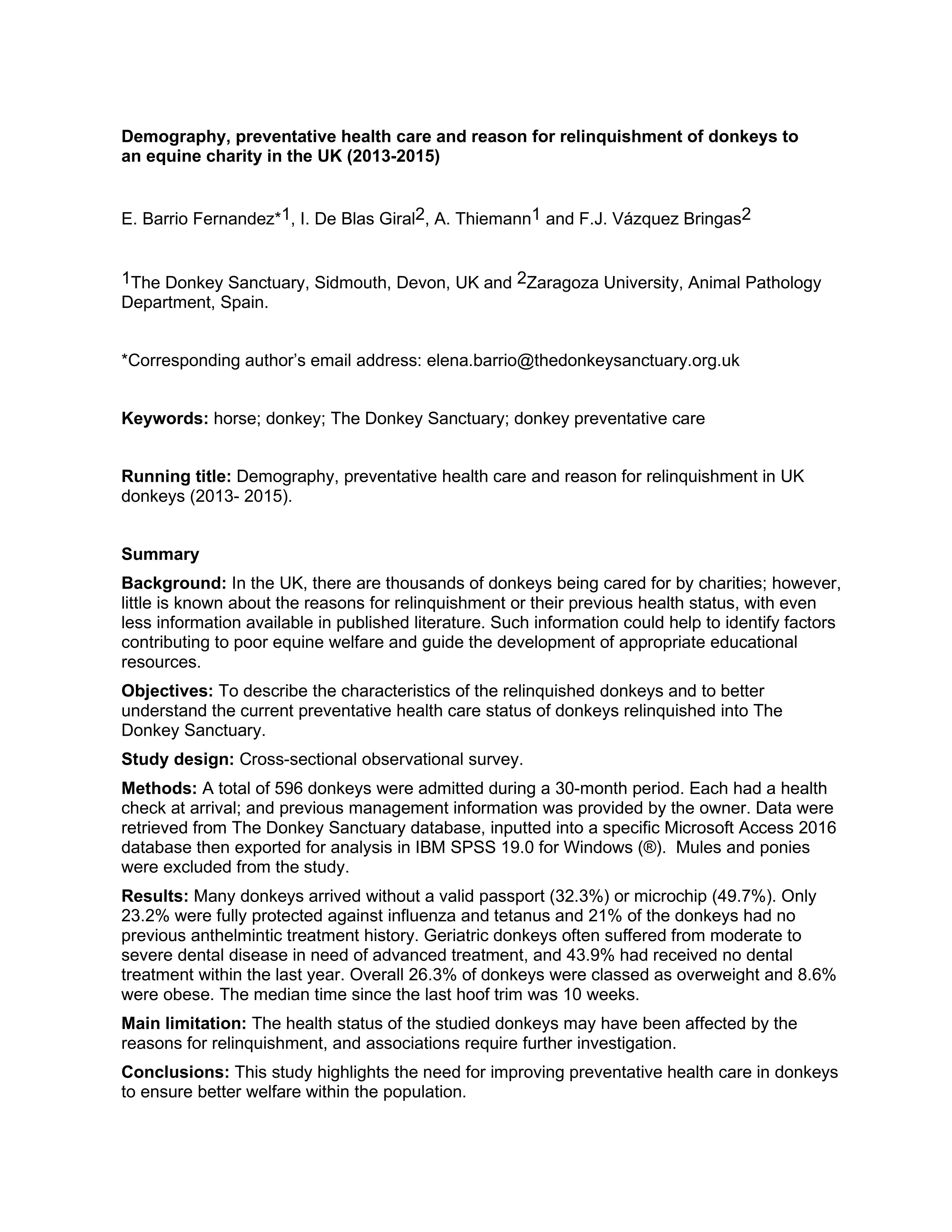 Demography, preventative healthcare and reason for relinquishment of donkeys to an equine charity in the UK (2013-2015)