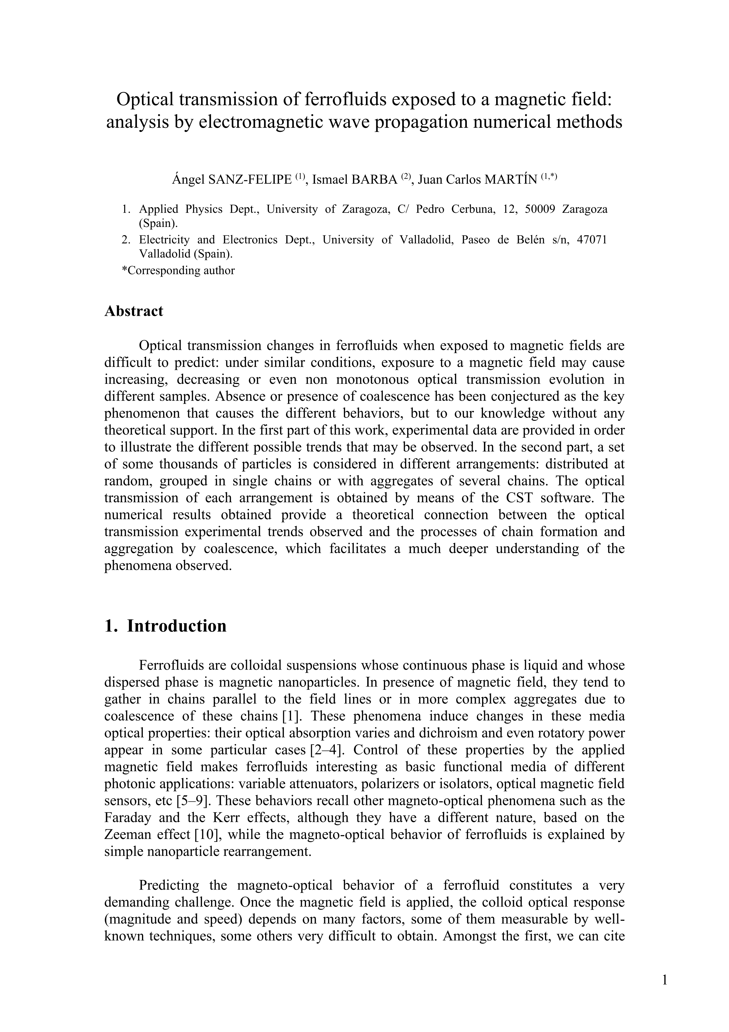Optical transmission of ferrofluids exposed to a magnetic field: Analysis by electromagnetic wave propagation numerical methods
