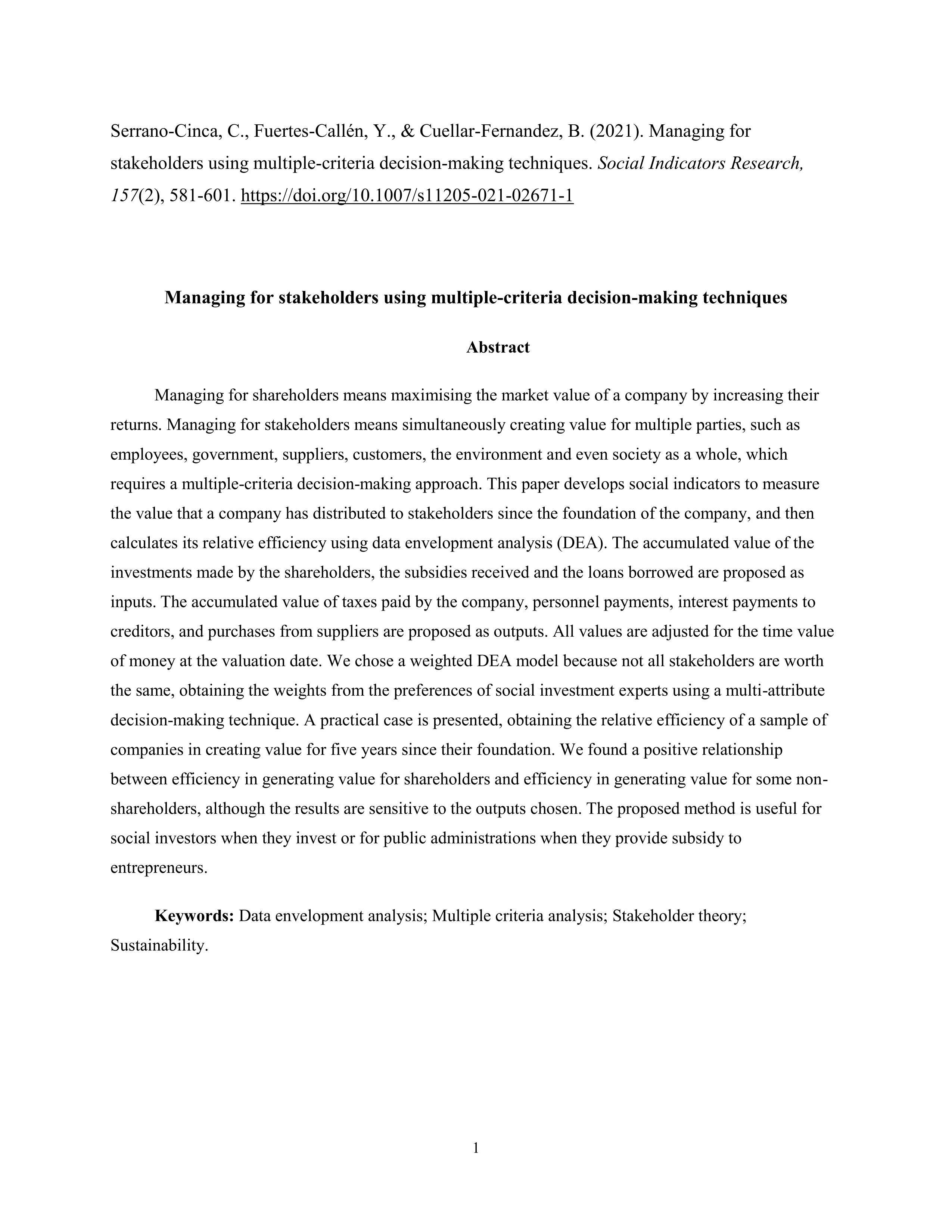 Managing for Stakeholders Using Multiple-Criteria Decision-Making Techniques