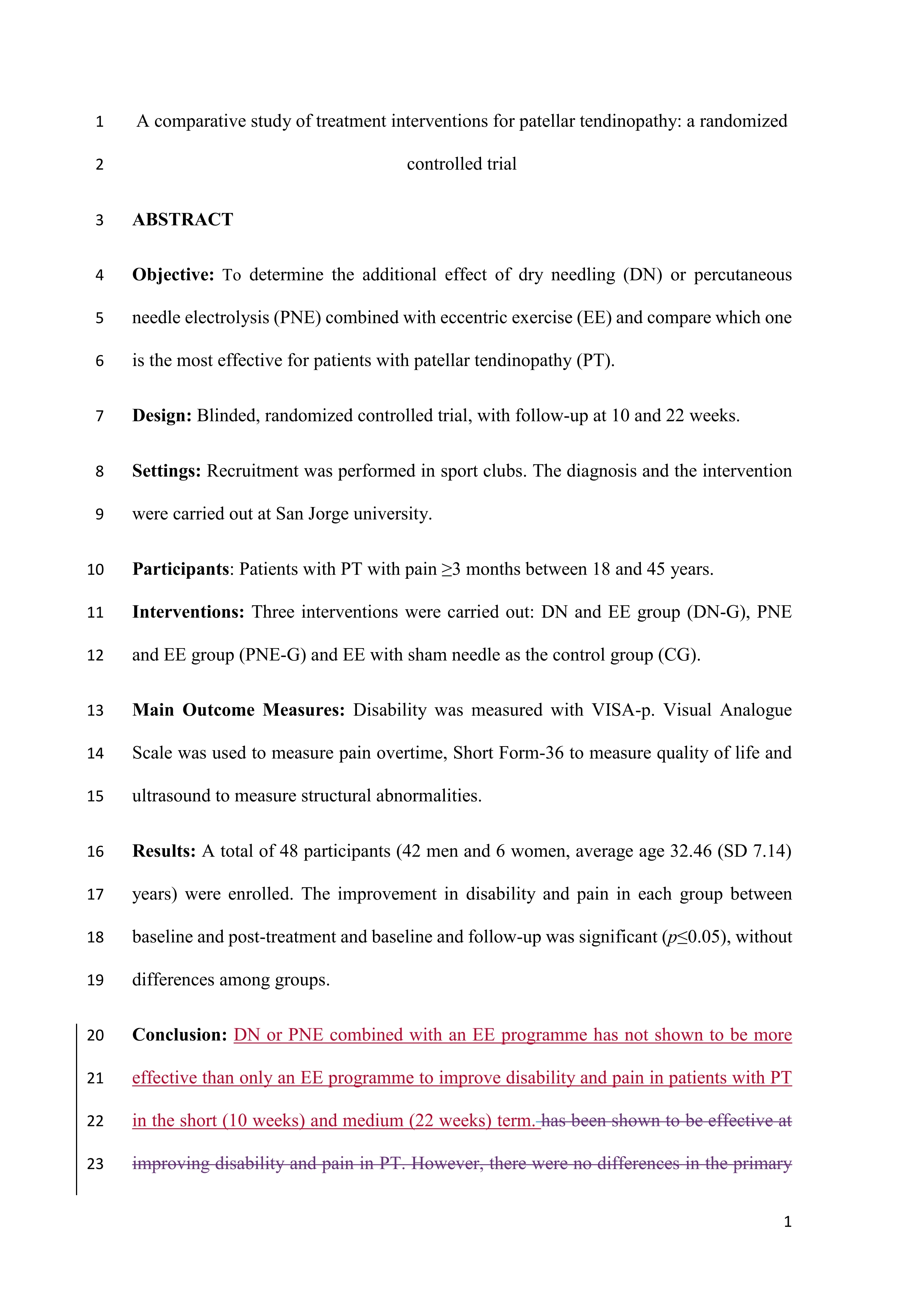A Comparative Study of Treatment Interventions for Patellar Tendinopathy: A Randomized Controlled Trial