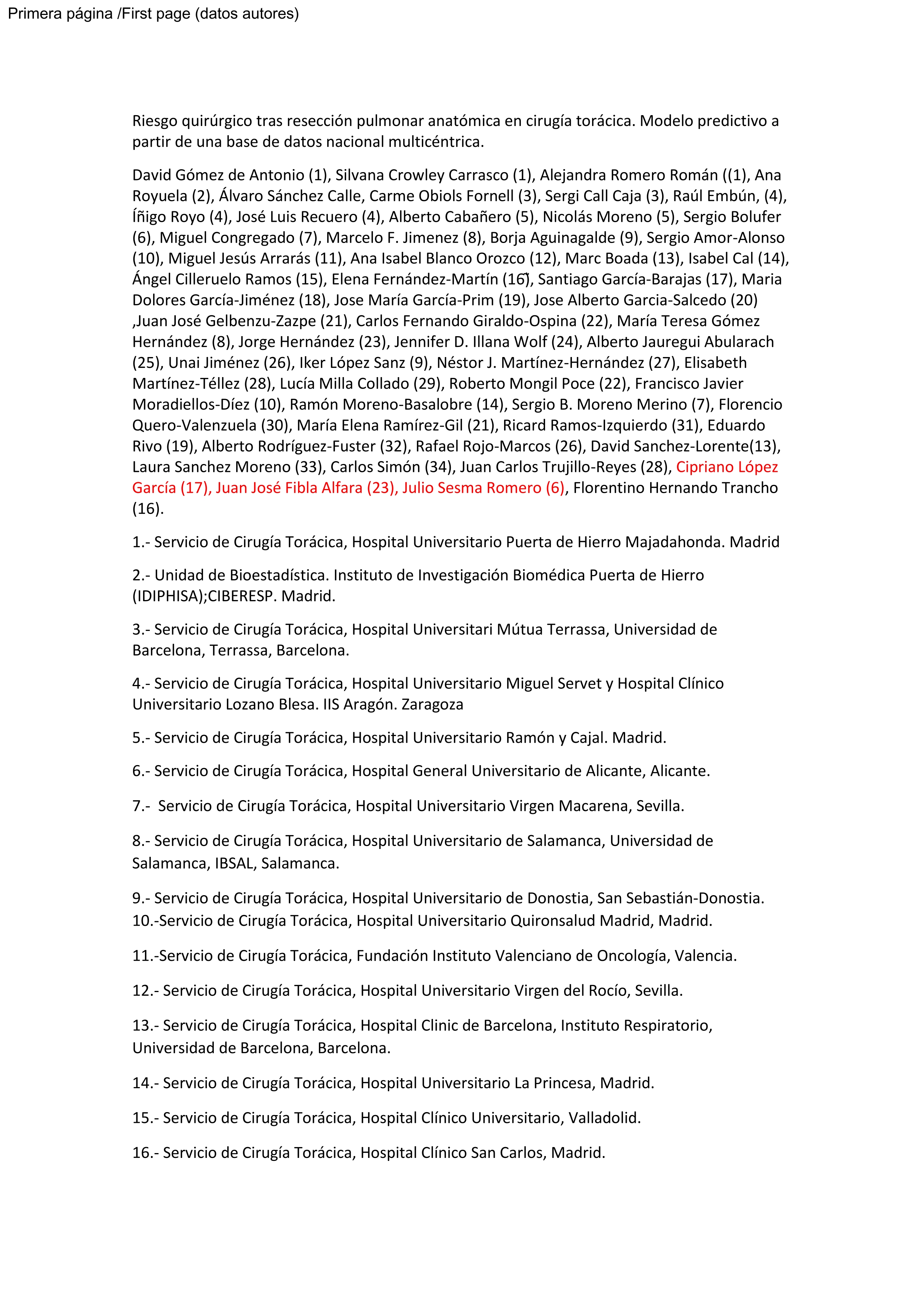 Surgical Risk Following Anatomic Lung Resection in Thoracic Surgery: A Prediction Model Derived from a Spanish Multicenter Database [Riesgo quirúrgico tras resección pulmonar anatómica en cirugía torácica. Modelo predictivo a partir de una base de datos nacional multicéntrica]