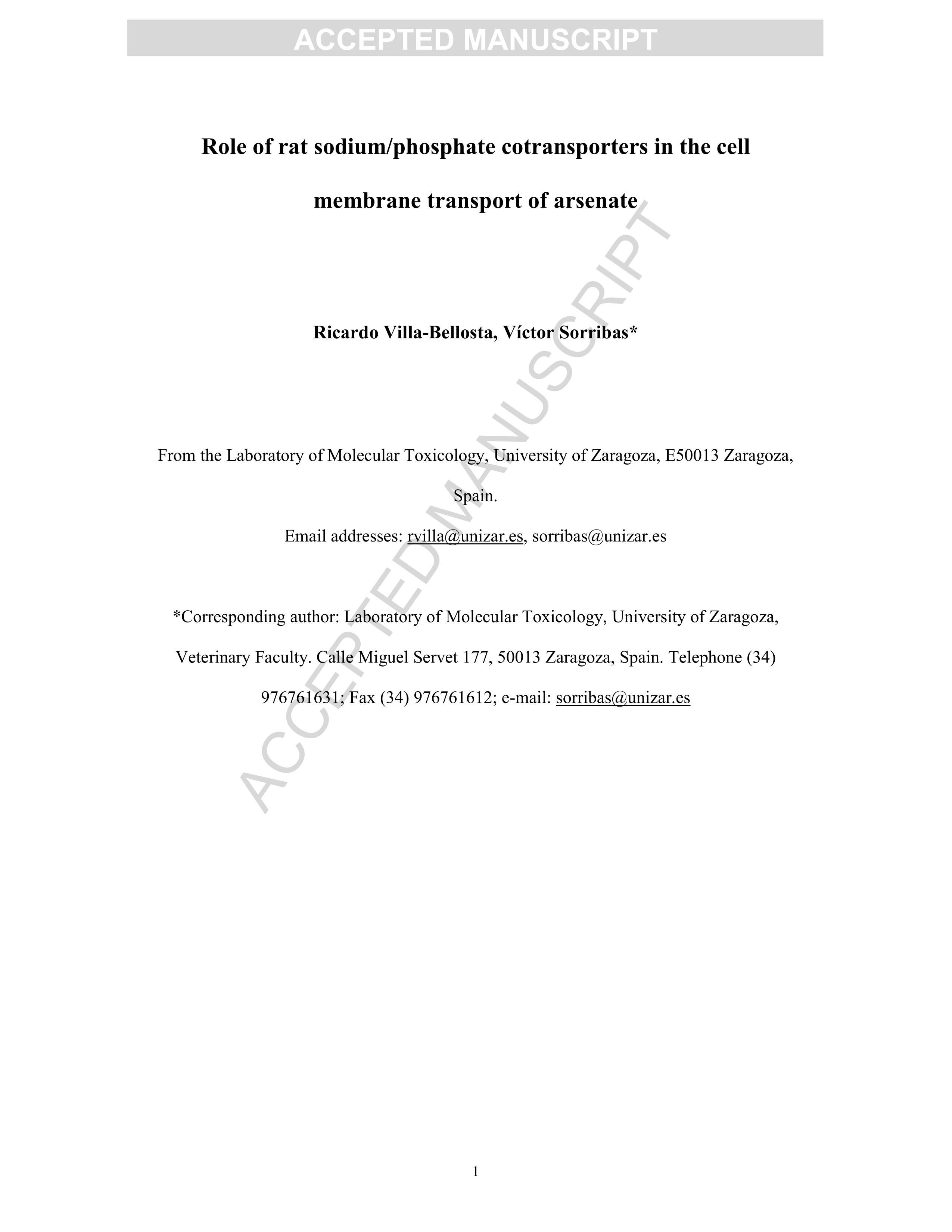 Role of Rat sodium/phosphate Cotransporters in the Cell Membrane Transport of Arsenate