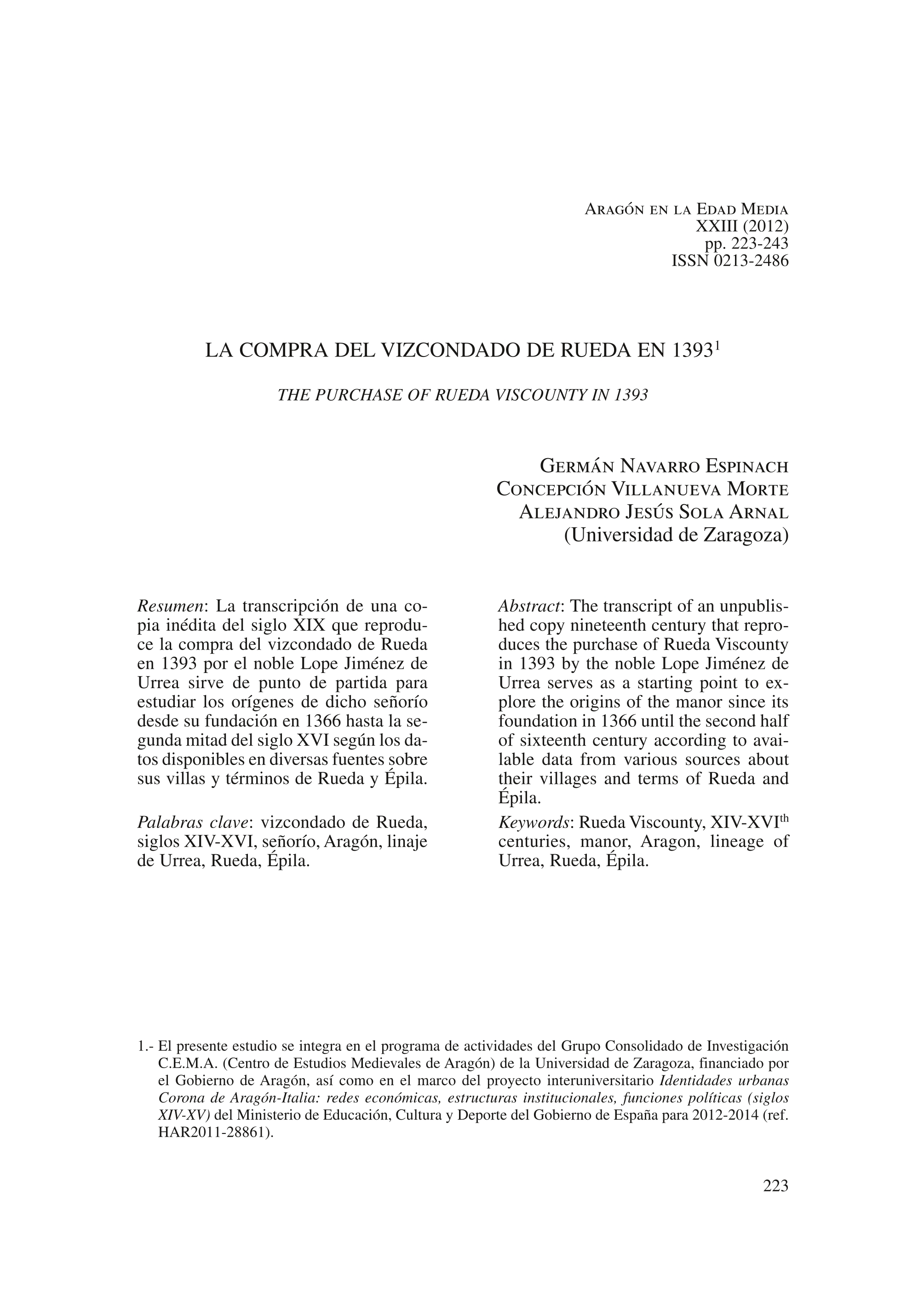 La compra del vizcondado de Rueda en 1393.