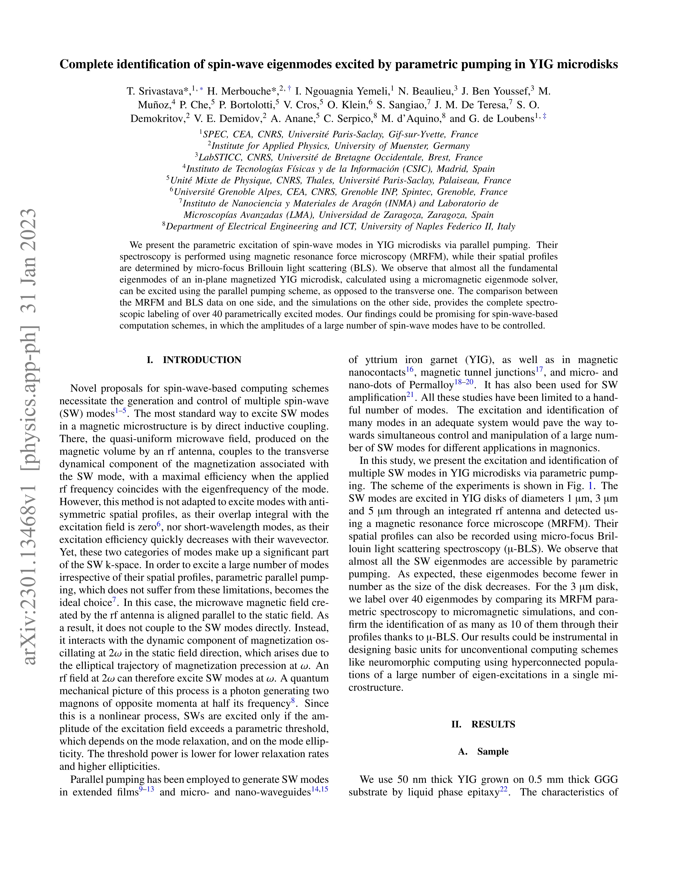 Identification of a large number of spin-wave Eigenmodes excited by parametric pumping in Yttrium iron garnet microdisks