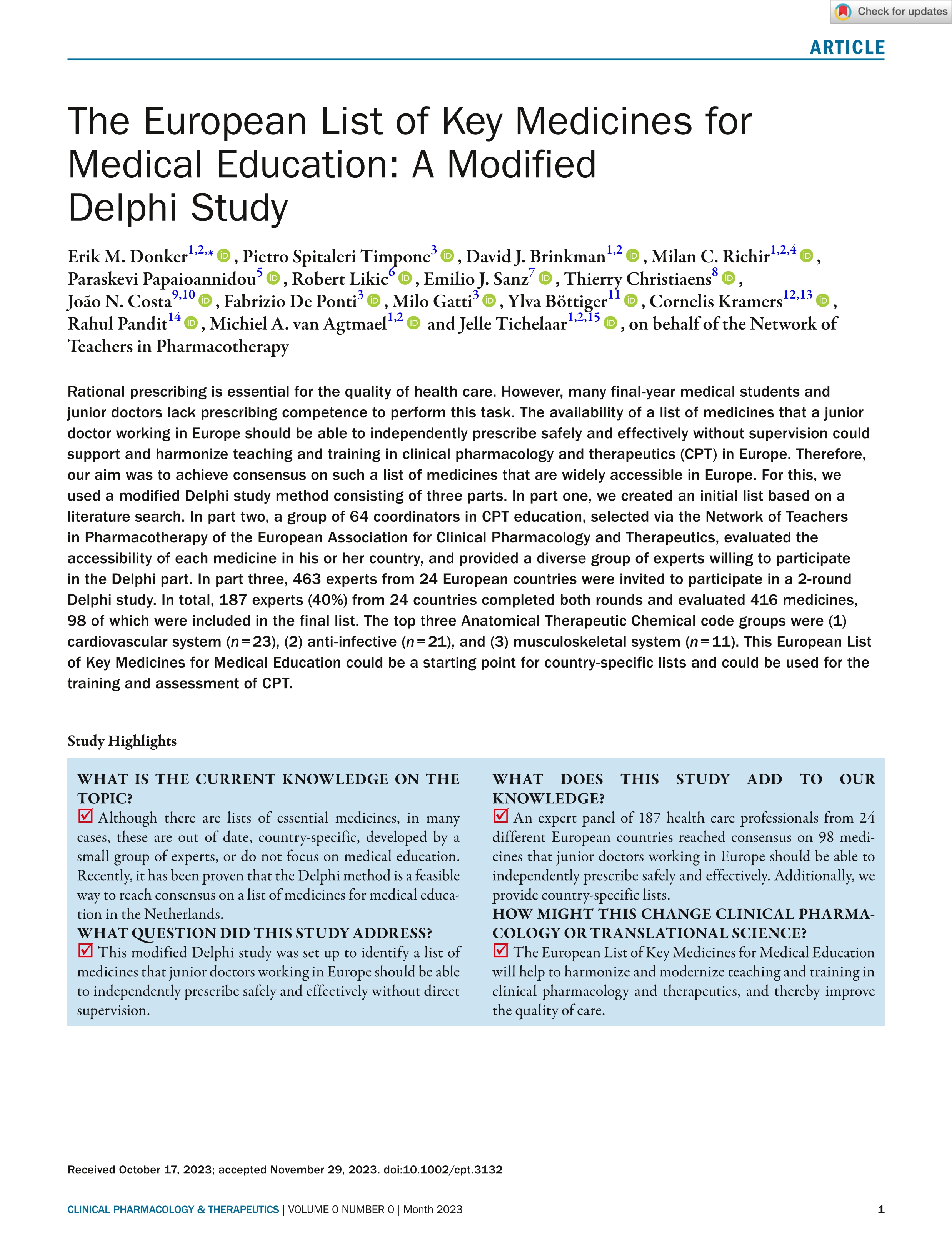 The European list of key medicines for medical education: a modified Delphi study