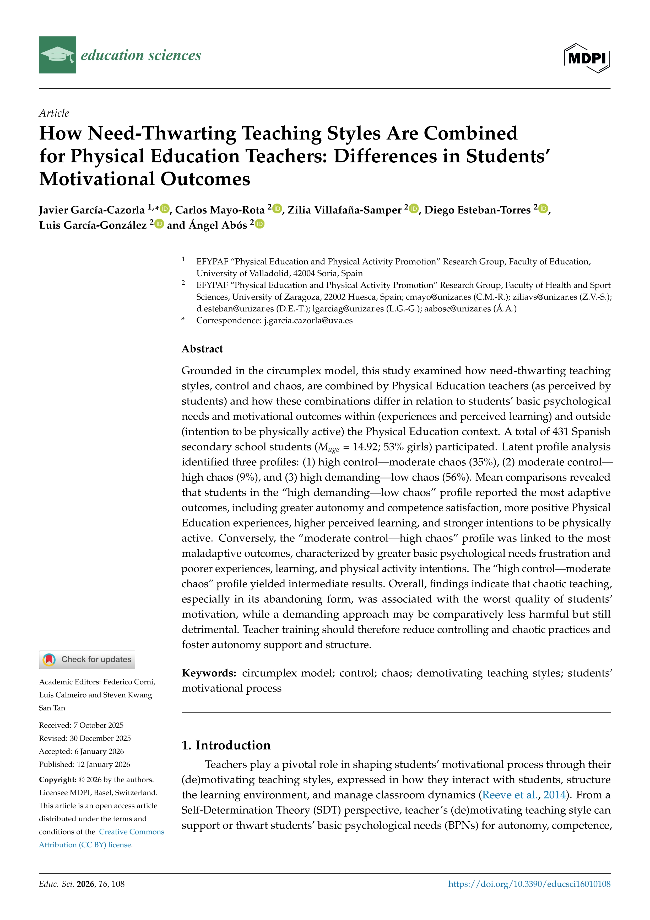 How Need-Thwarting Teaching Styles Are Combined for Physical Education Teachers: Differences in Students´ Motivational Outcomes