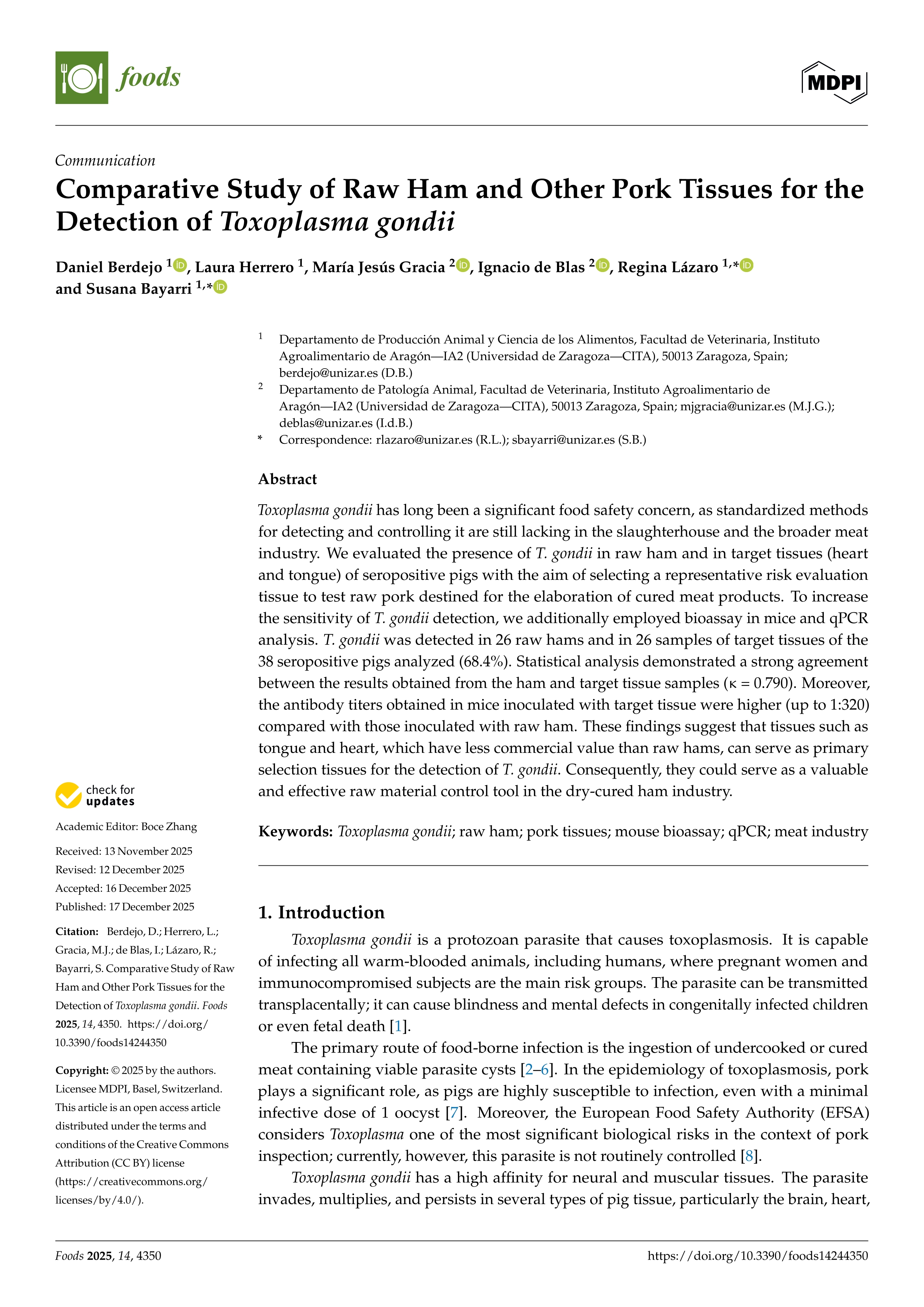 Comparative Study of Raw Ham and Other Pork Tissues for the Detection of Toxoplasma gondii
