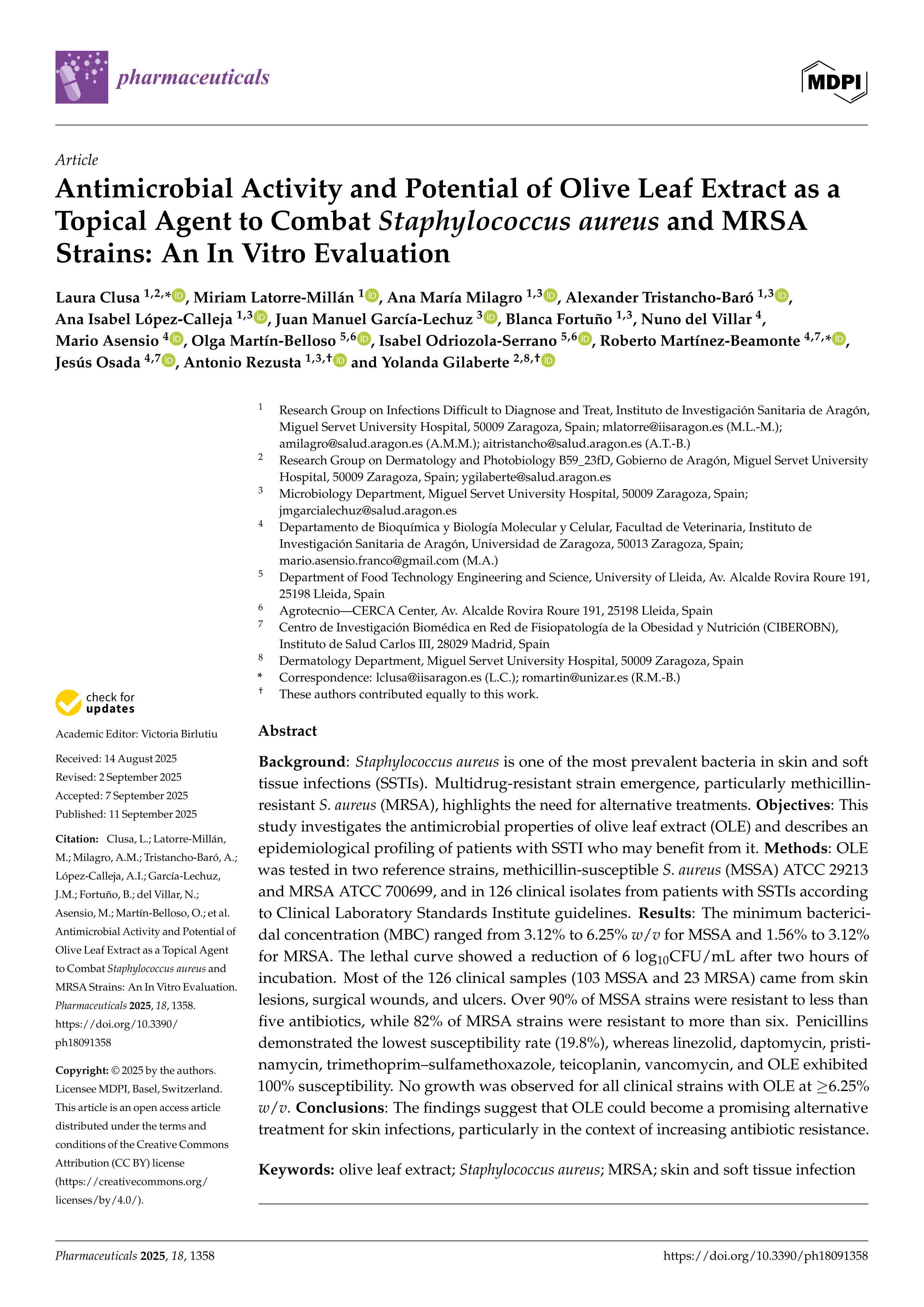 Antimicrobial activity and potential of Olive leaf extract as a topical agent to combat Staphylococcus aureus  and MRSA strains: an in vitro evaluation