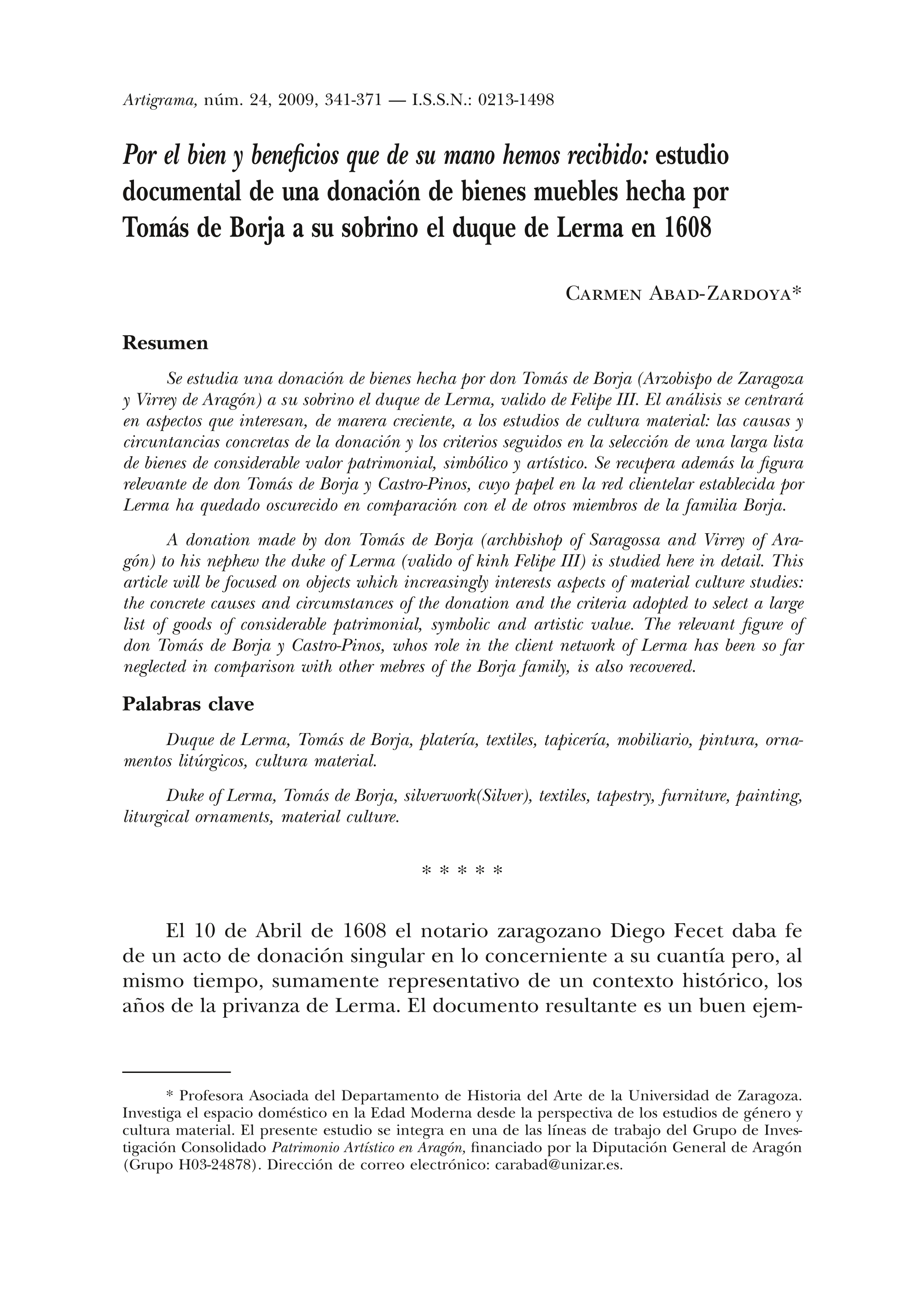 Por el bien y beneficios que de su mano hemos recibido: estudio documental de una donación de bienes muebles hecha por Tomás de Borja a su sobrino el duque de Lerma en 1608